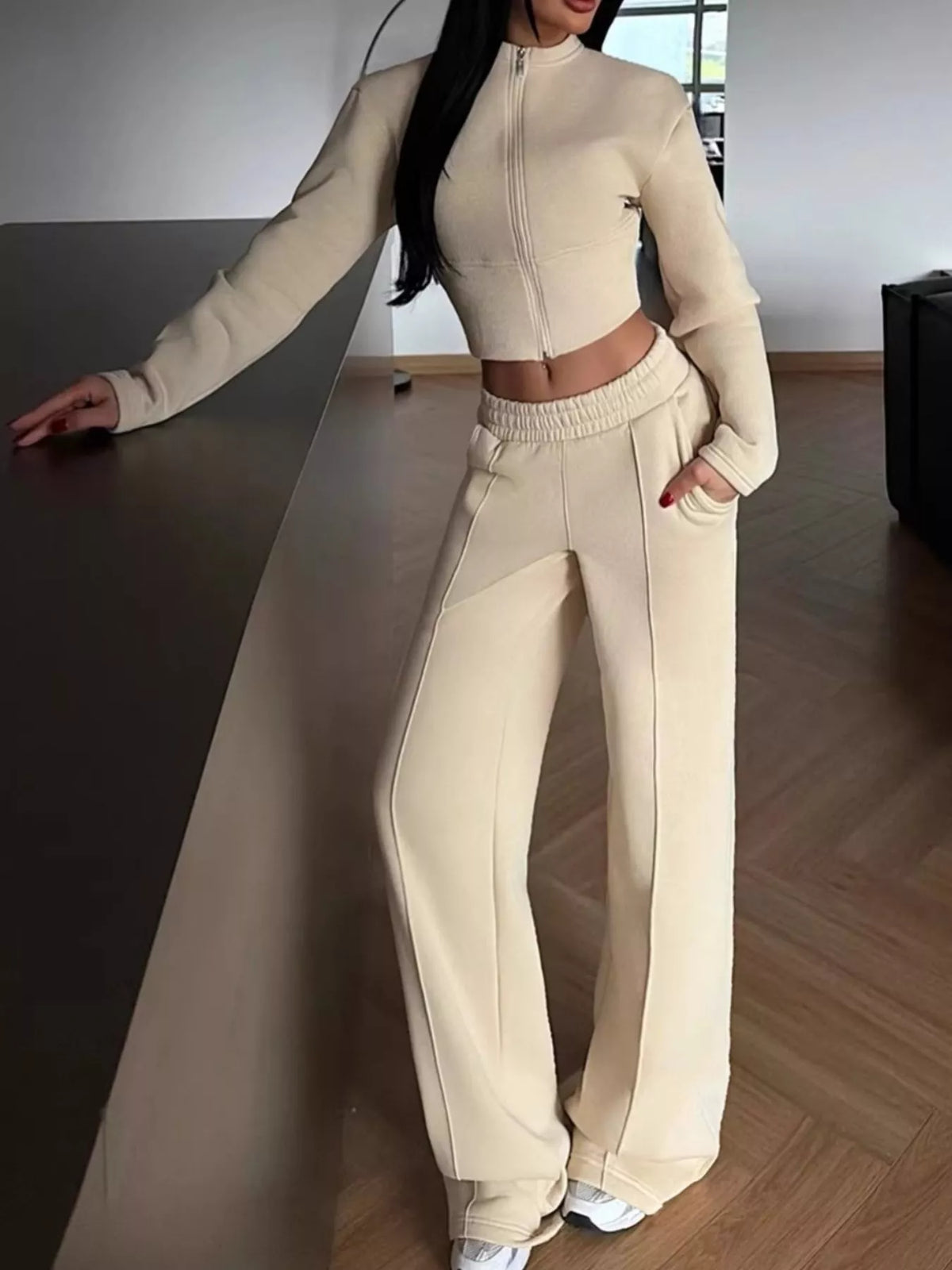 Zip-Up Crop Jacket and Wide-Leg Pants Set - Lilixa.store