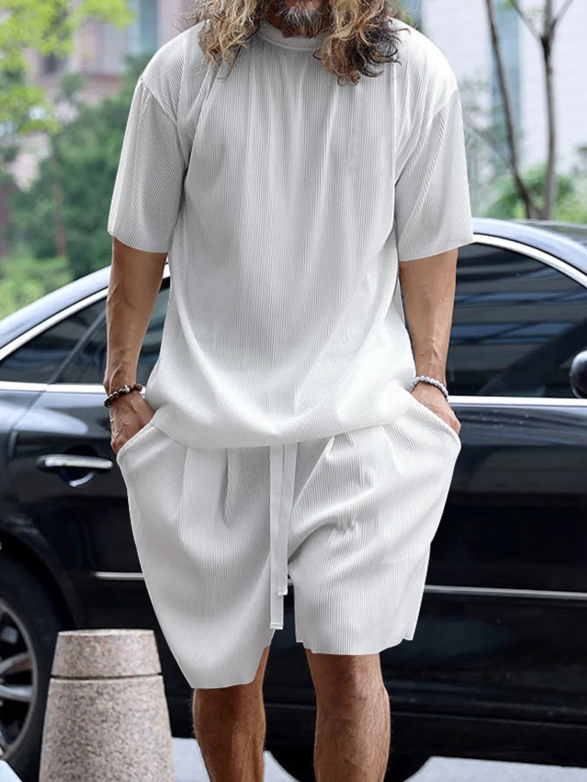 Men's Full Size Round Neck Short Sleeve Top and Shorts Set Plus Size in White