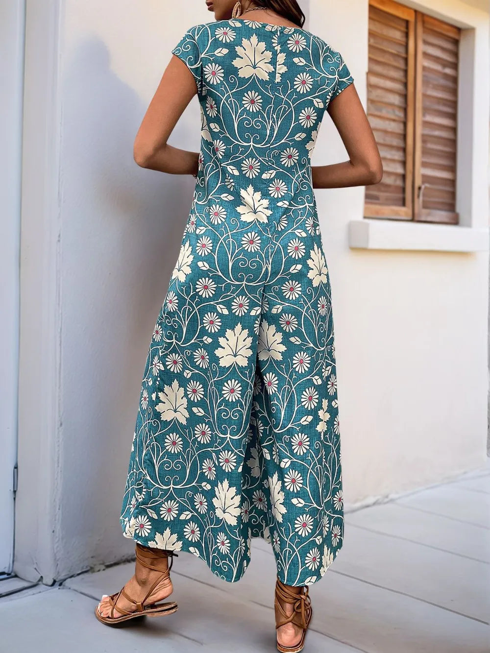 Perfee Printed Round Neck Cap Sleeve Wide Leg Jumpsuit - Lilixa.store