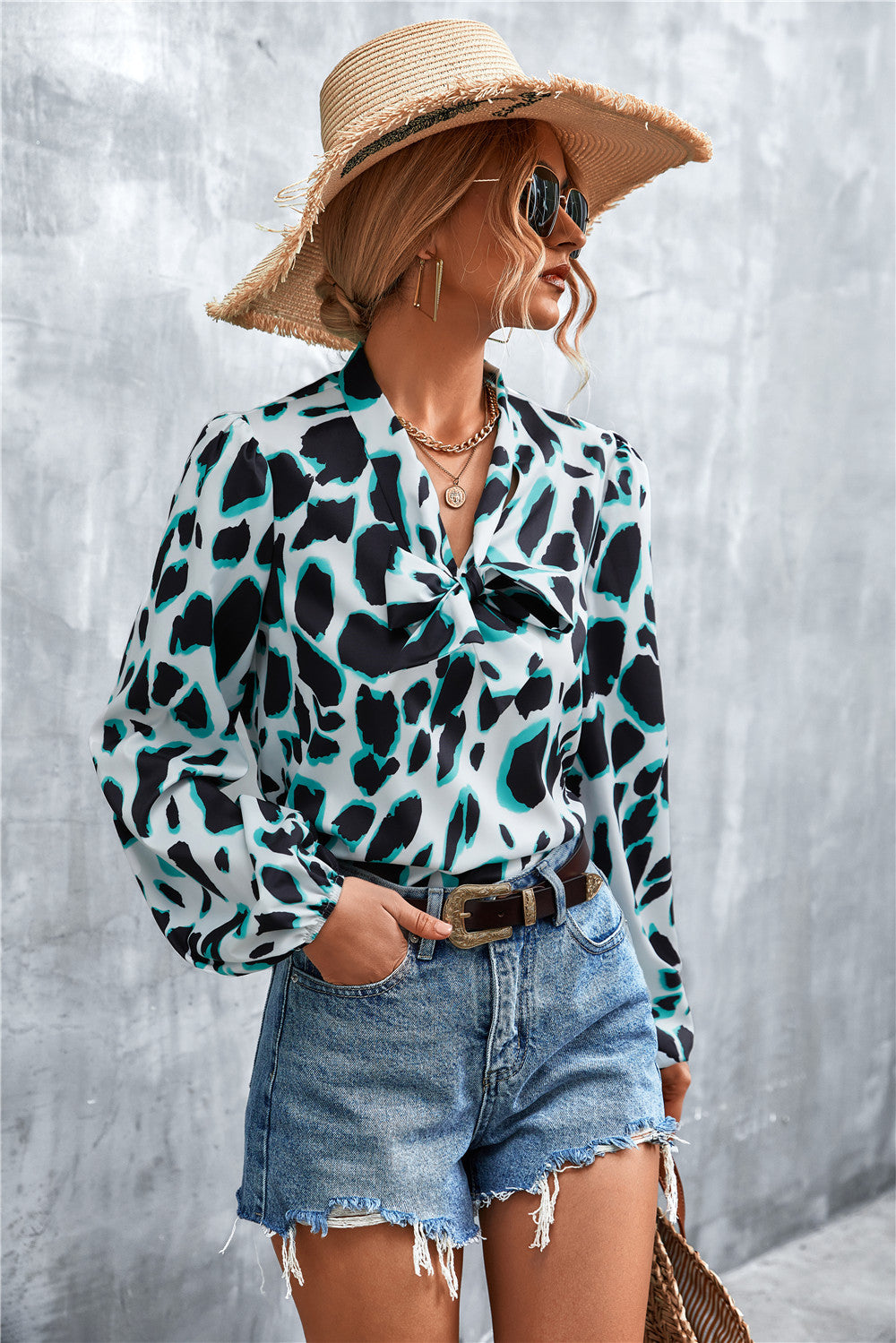 Printed Tie Neck Puff Sleeve Blouse - Lilixa.store