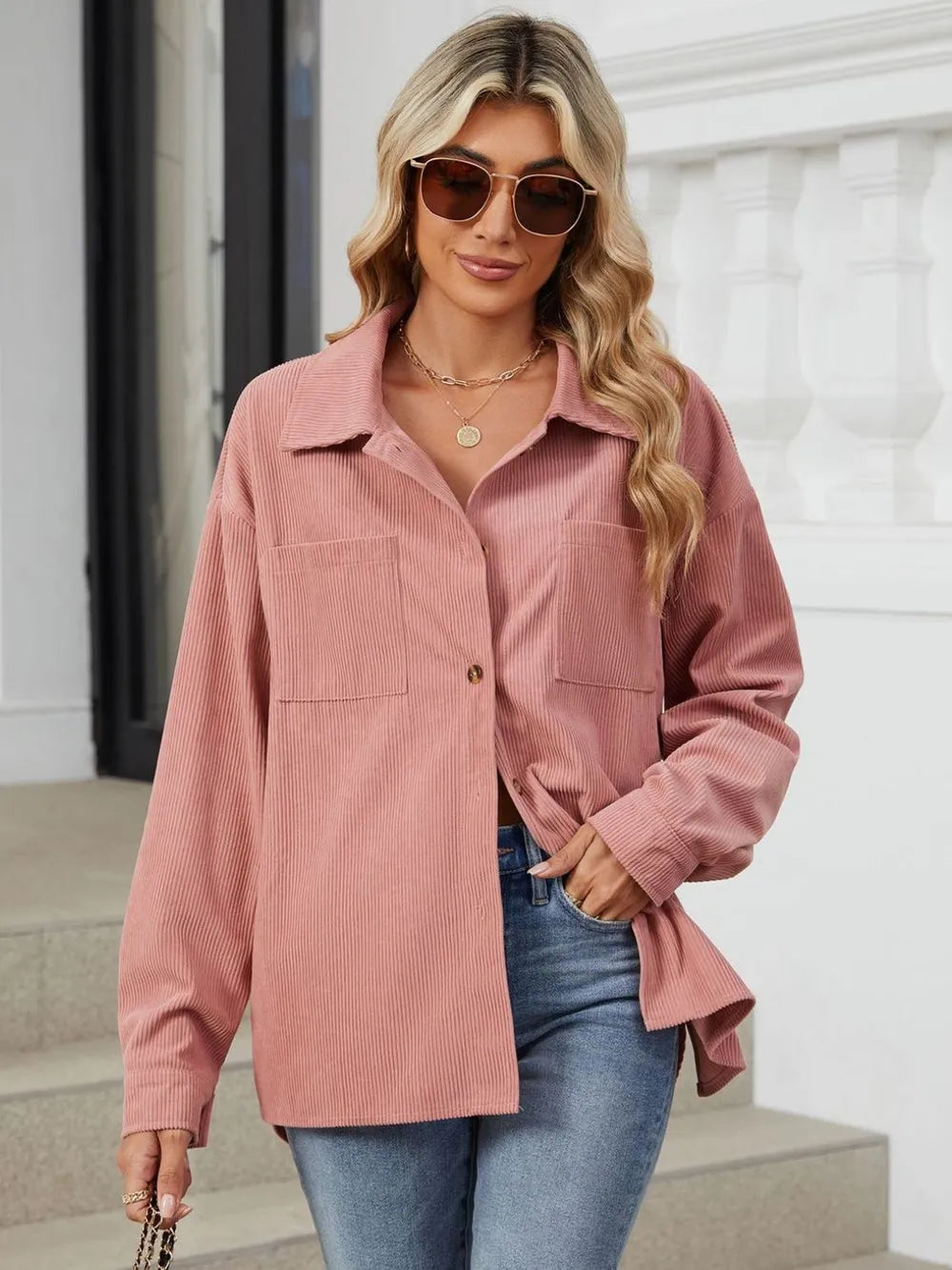 Button Up Dropped Shoulder Long Sleeve Outerwear - Lilixa.store