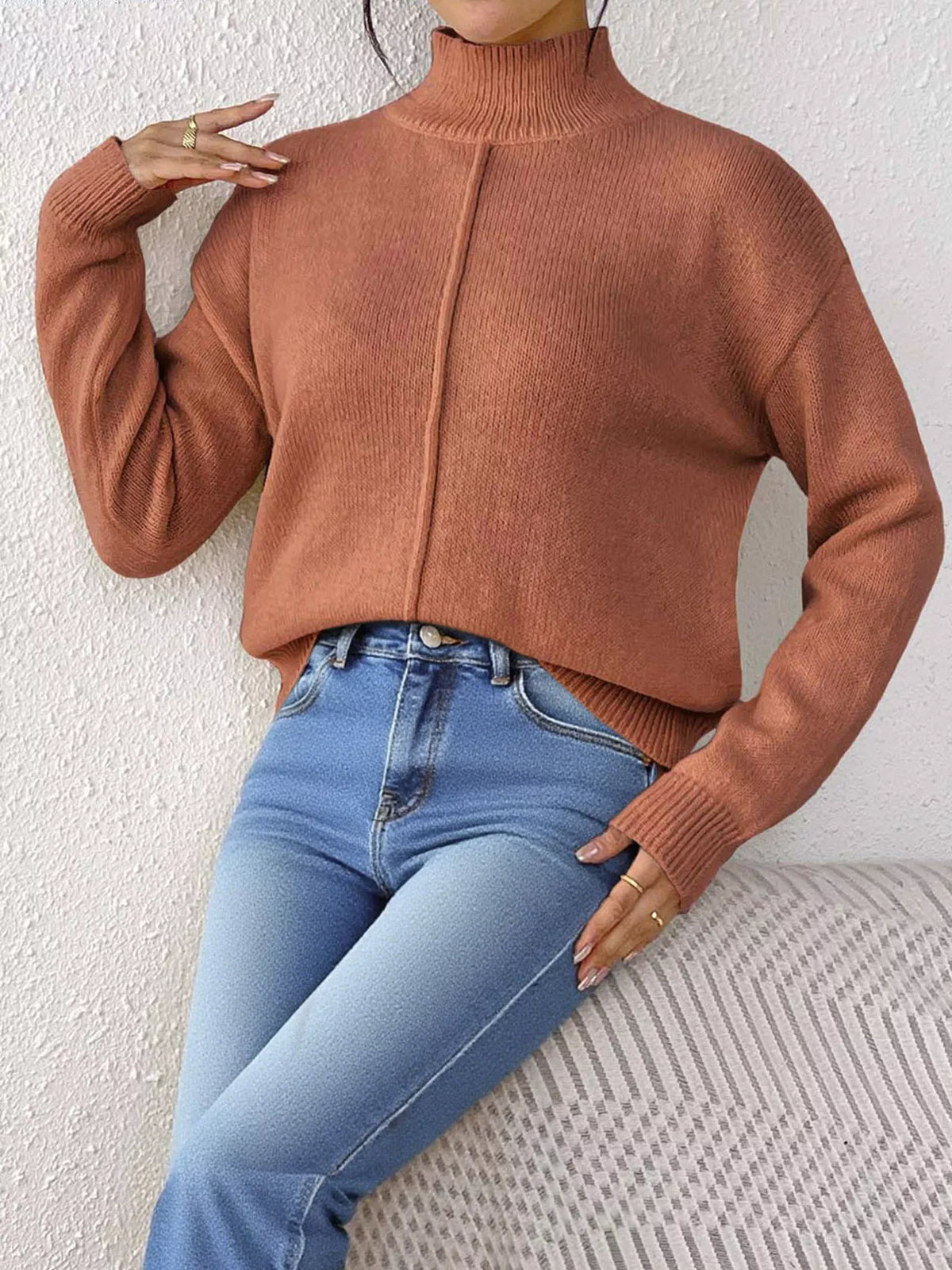 Center Seam Detail Turtleneck Sweater - Lilixa.store