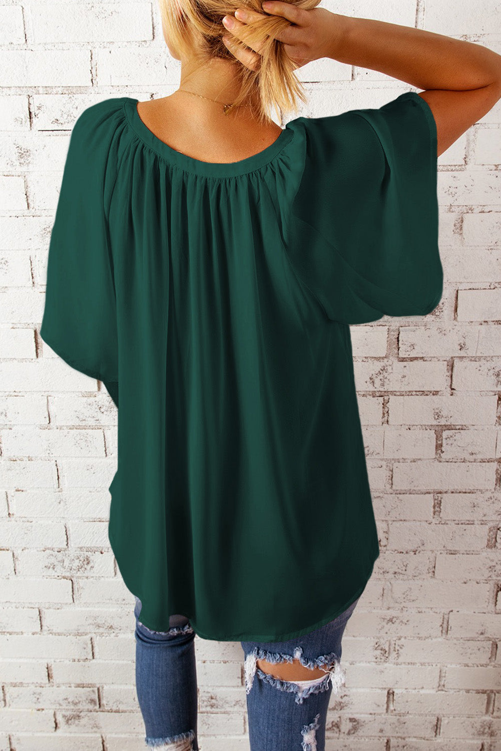 Gathered Detail Notched Neck Flutter Sleeve Top - Lilixa.store