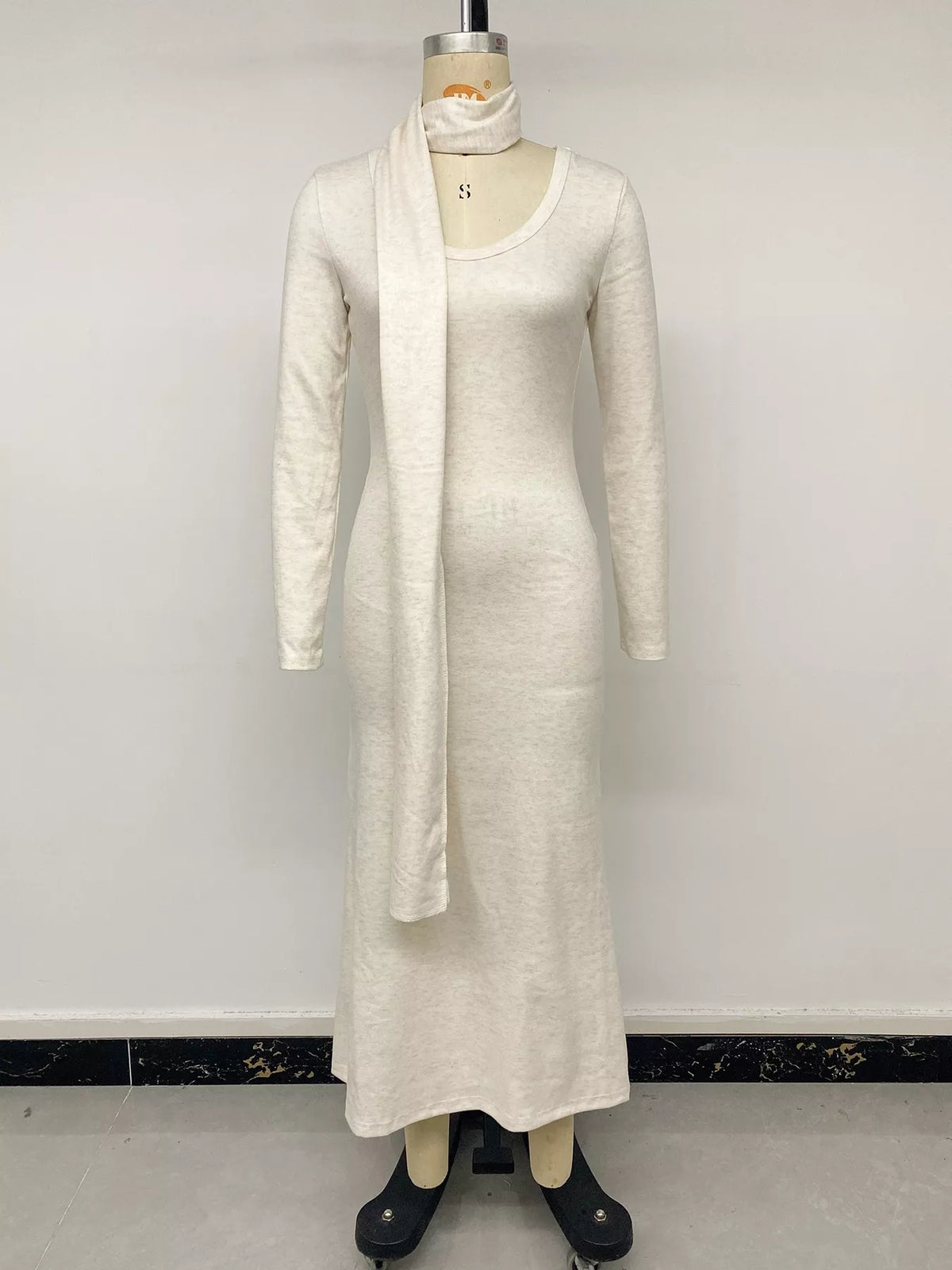 Round Neck Maxi Knit Dress with Matching Scarf - Lilixa.store