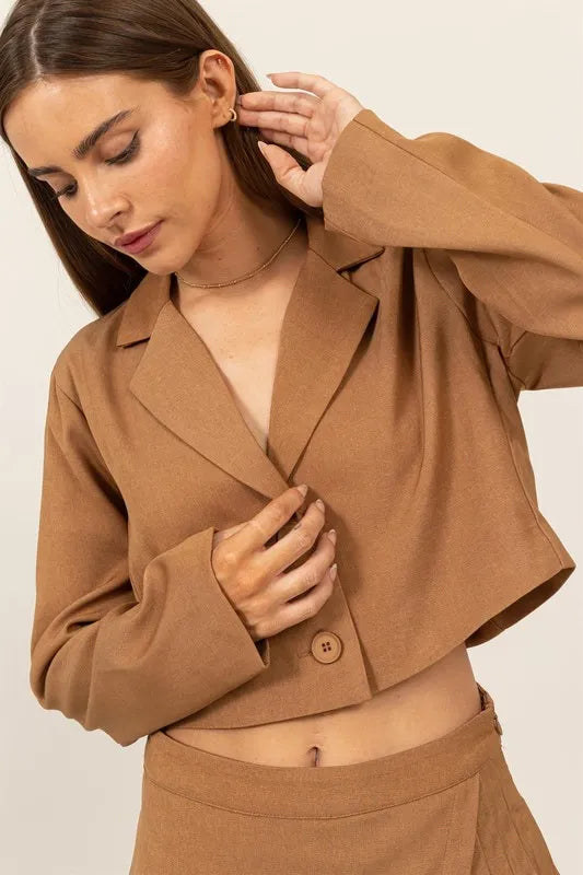 HYFVE Cropped Button-Down Blazer in Khaki