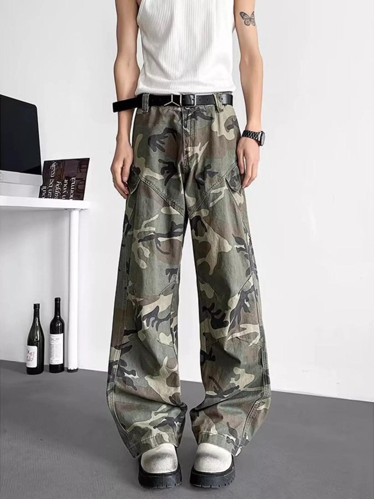 Men's Plus Size Loose Fit Camouflage Cargo Pants in Green Camouflage