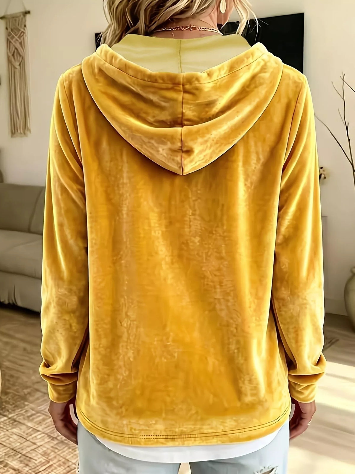 Full Size Drawstring Velvet Long Sleeve Hoodie Plus Size, view 6