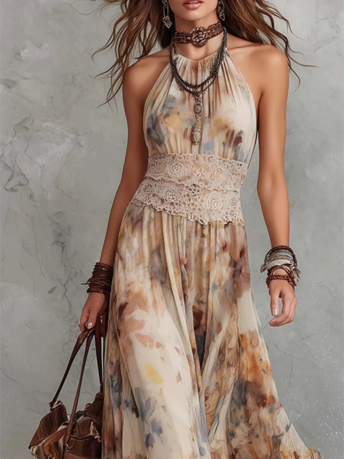 Floral Print Halter Neck Maxi Dress
