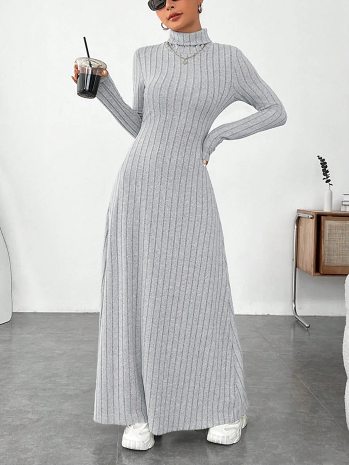 Ribbed Turtleneck Long Sleeve Maxi Knit Dress in Gray, view 7