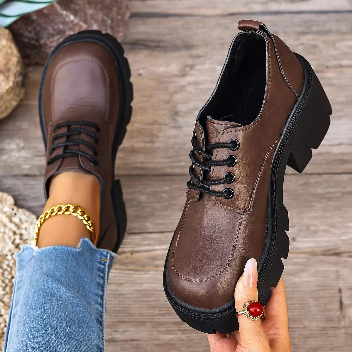 Chunky Platform Lace-Up Oxford Sneakers - Lilixa.store