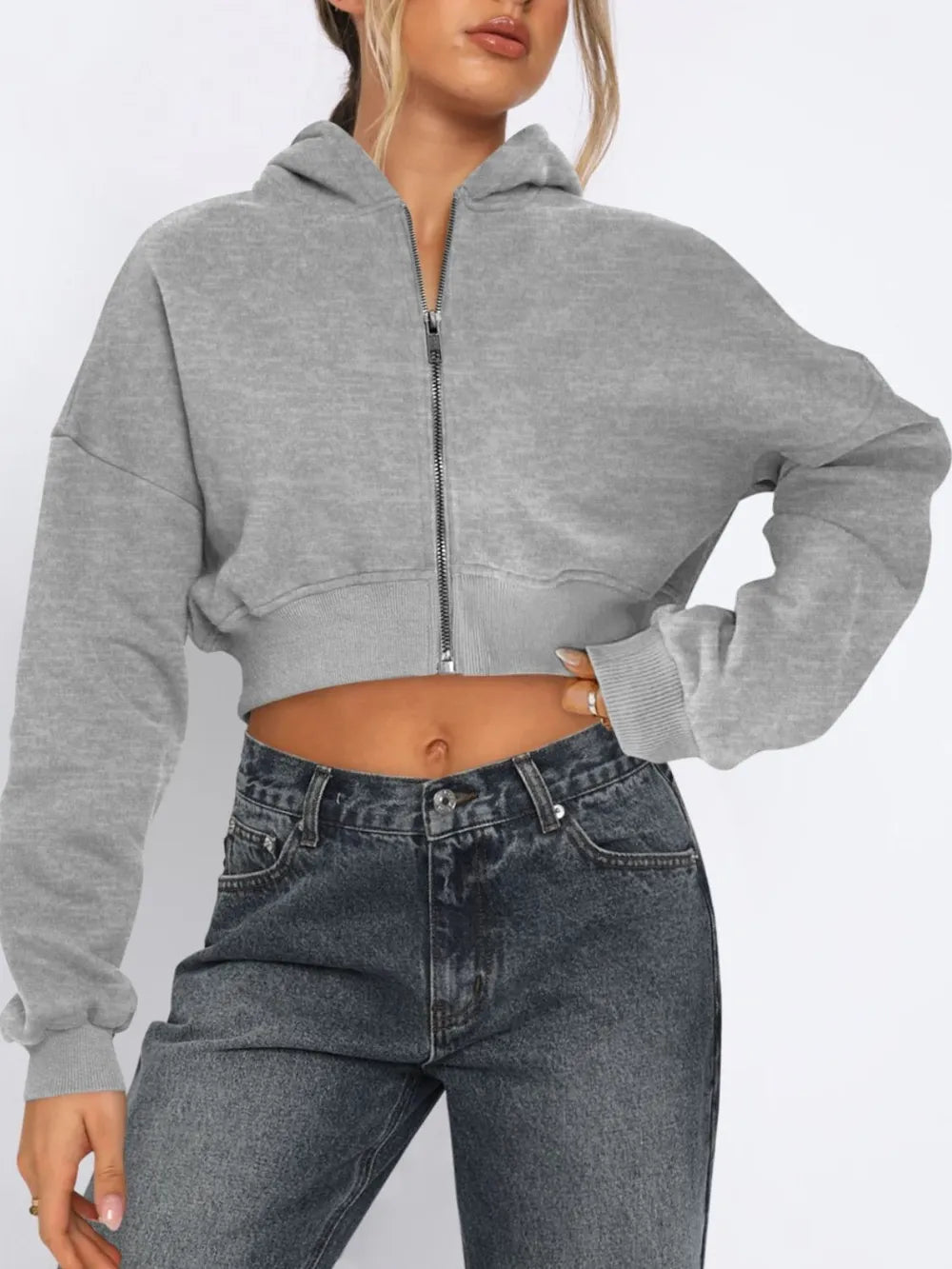 Zip Up Long Sleeve Hooded Cropped Jacket in Gray
