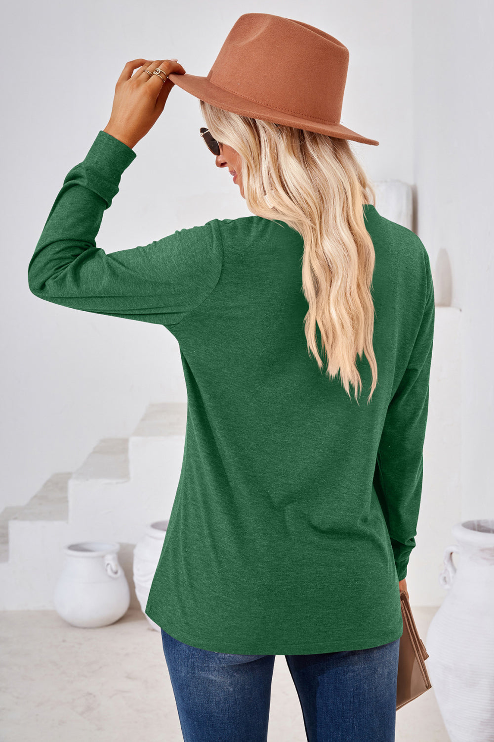 V-Neck Buttoned Long Sleeve Blouse, view 15