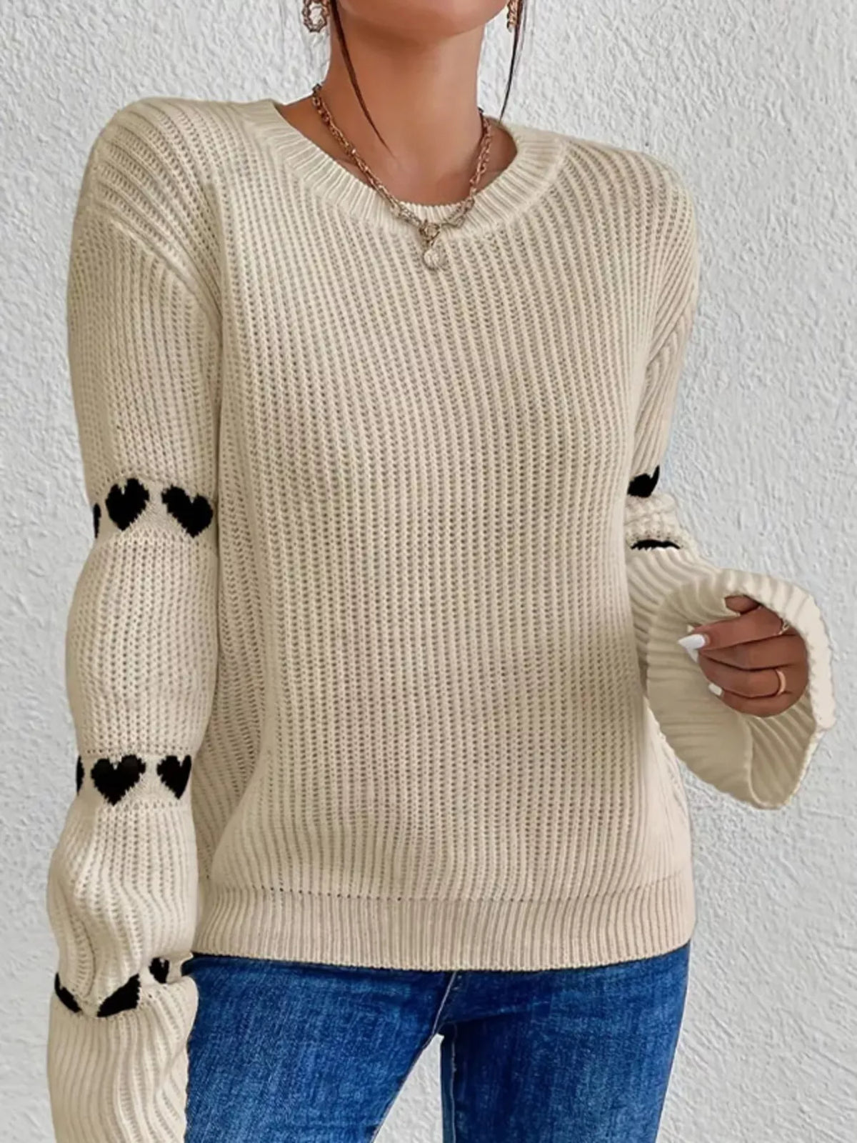 Heart Pattern Dropped Shoulder Sweater in Black Apricot