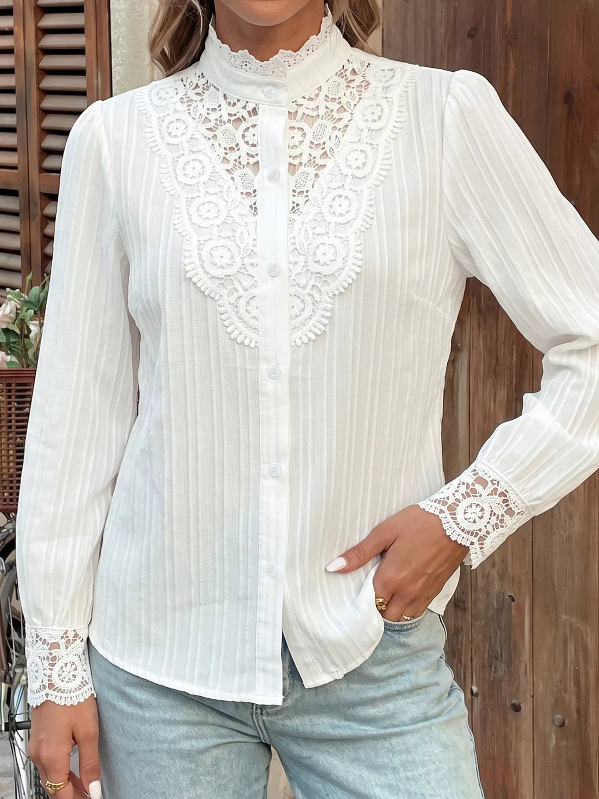 Lace Detail Long Sleeve Shirt - Lilixa.store