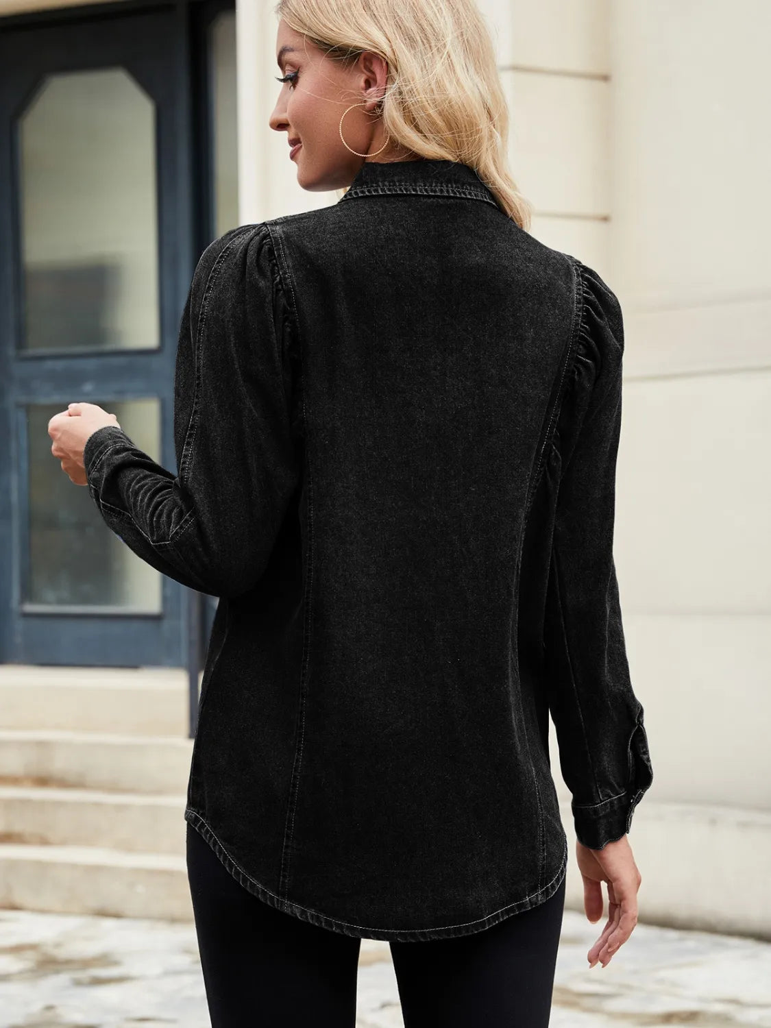 Button Down Collared Neck Denim Shirt - Lilixa.store