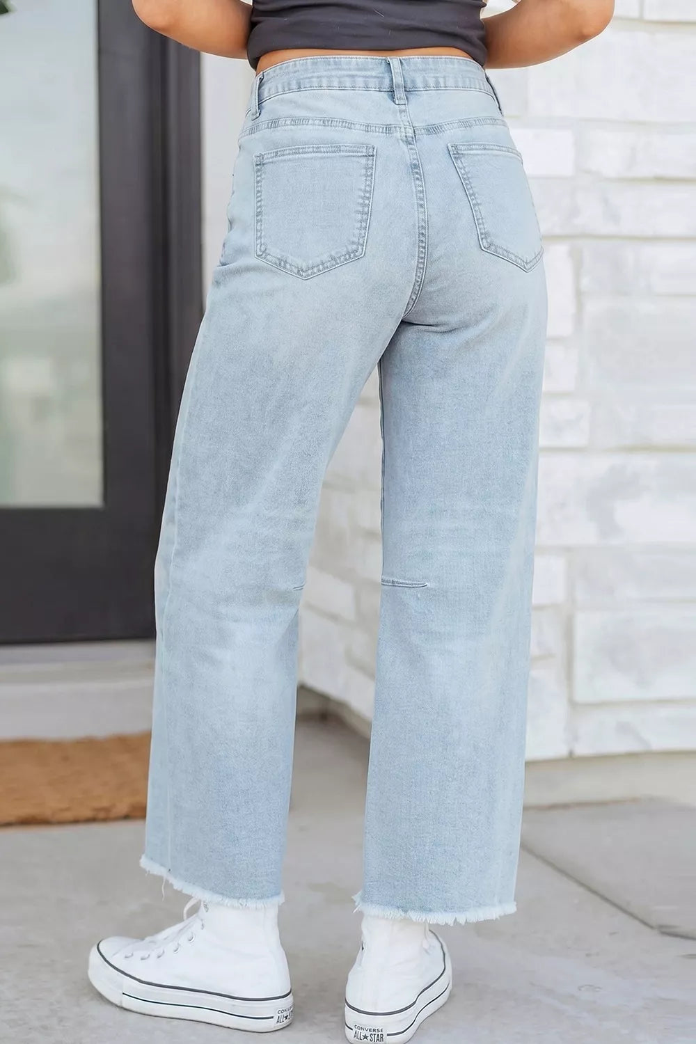 Sequin Turkey Patch Pocket Raw Hem Ankle Length Jeans in Light Blue, view 4