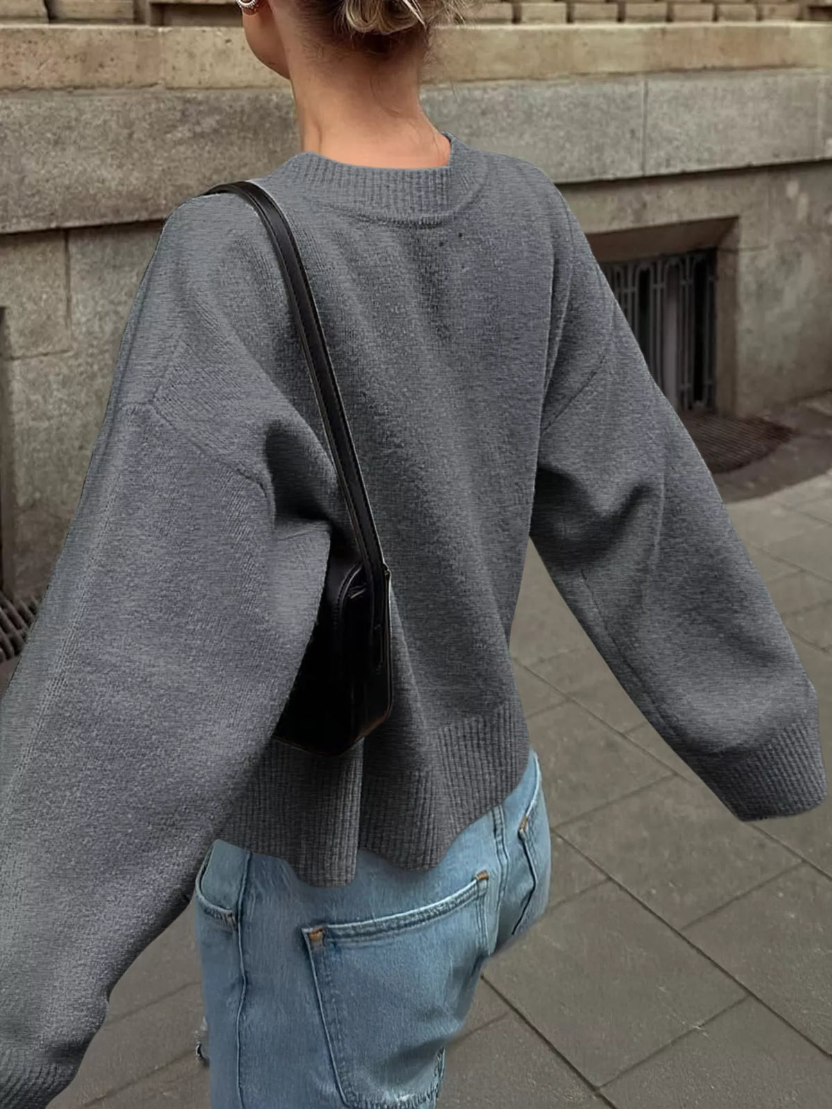 Ribbed Round Neck Dropped Shoulder Sweater - Lilixa.store