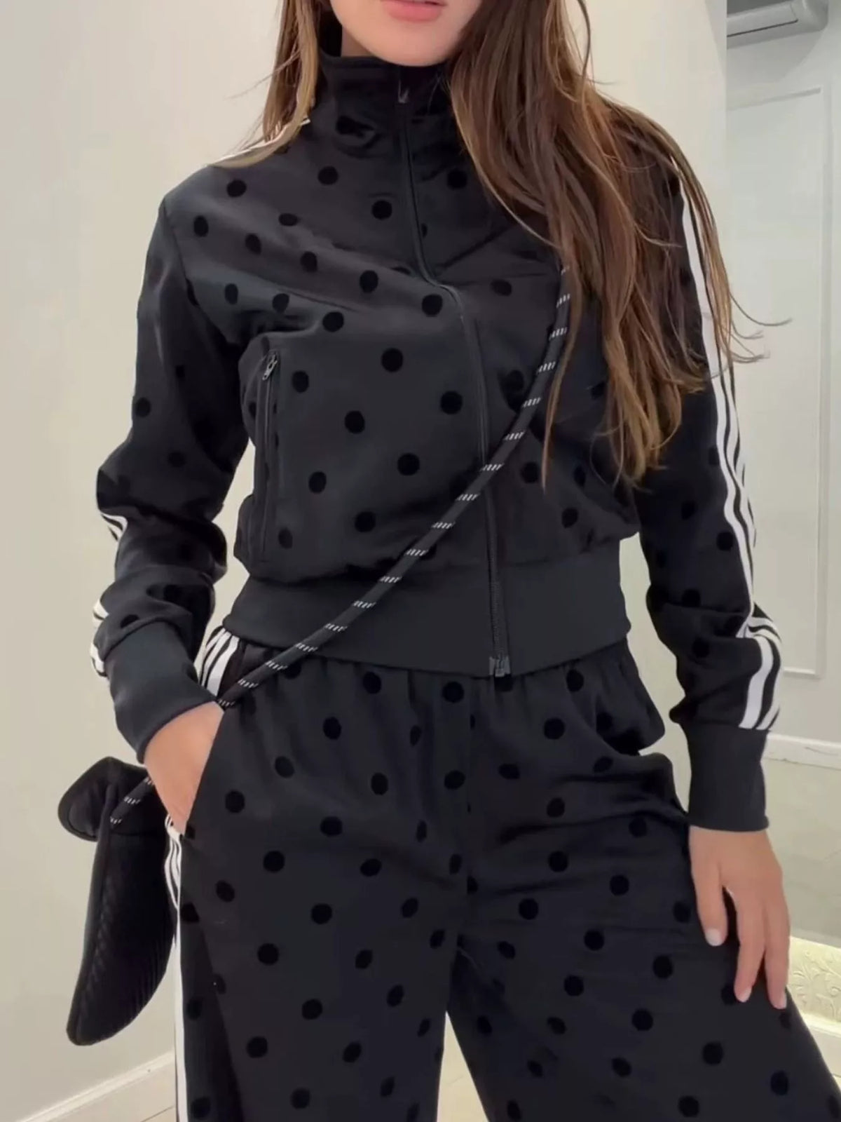 Polka Dot Side Striped Outerwear and Pants Set - Lilixa.store