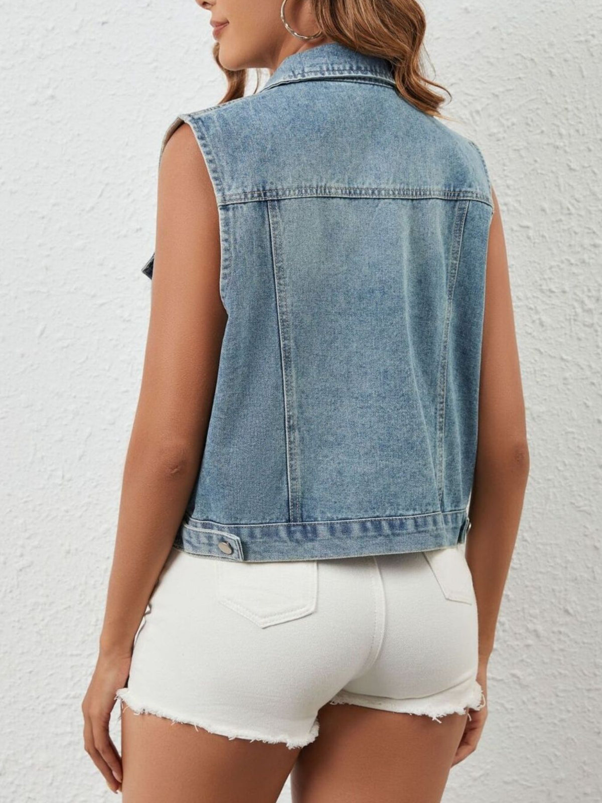 Rhinestone Embellished Sleeveless Denim Jacket in Light Blue, view 5