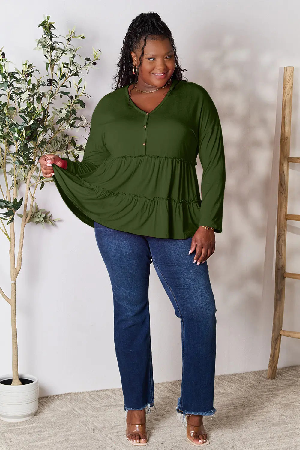 Double Take Half Button Long Sleeve Ruffle Hem Blouse - Lilixa.store