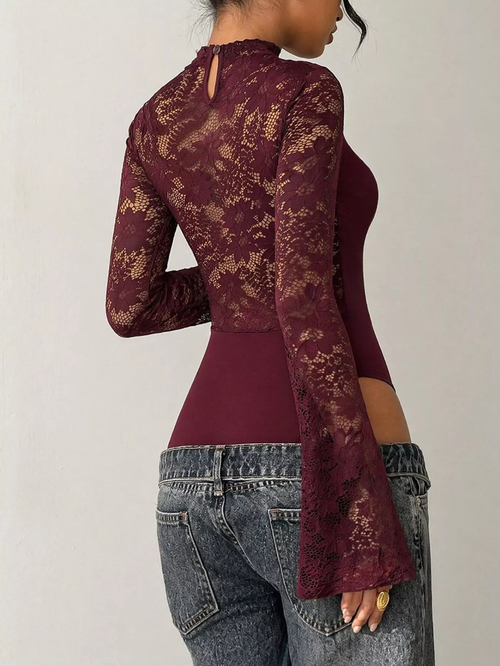 Lace Cut-out Flare Sleeve Bodysuit - Lilixa.store