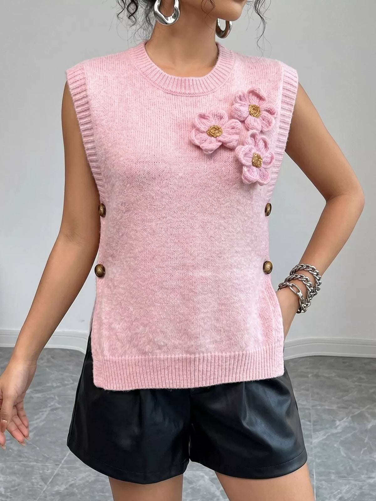 Side Button Sweater Vest with 3D Floral Appliques