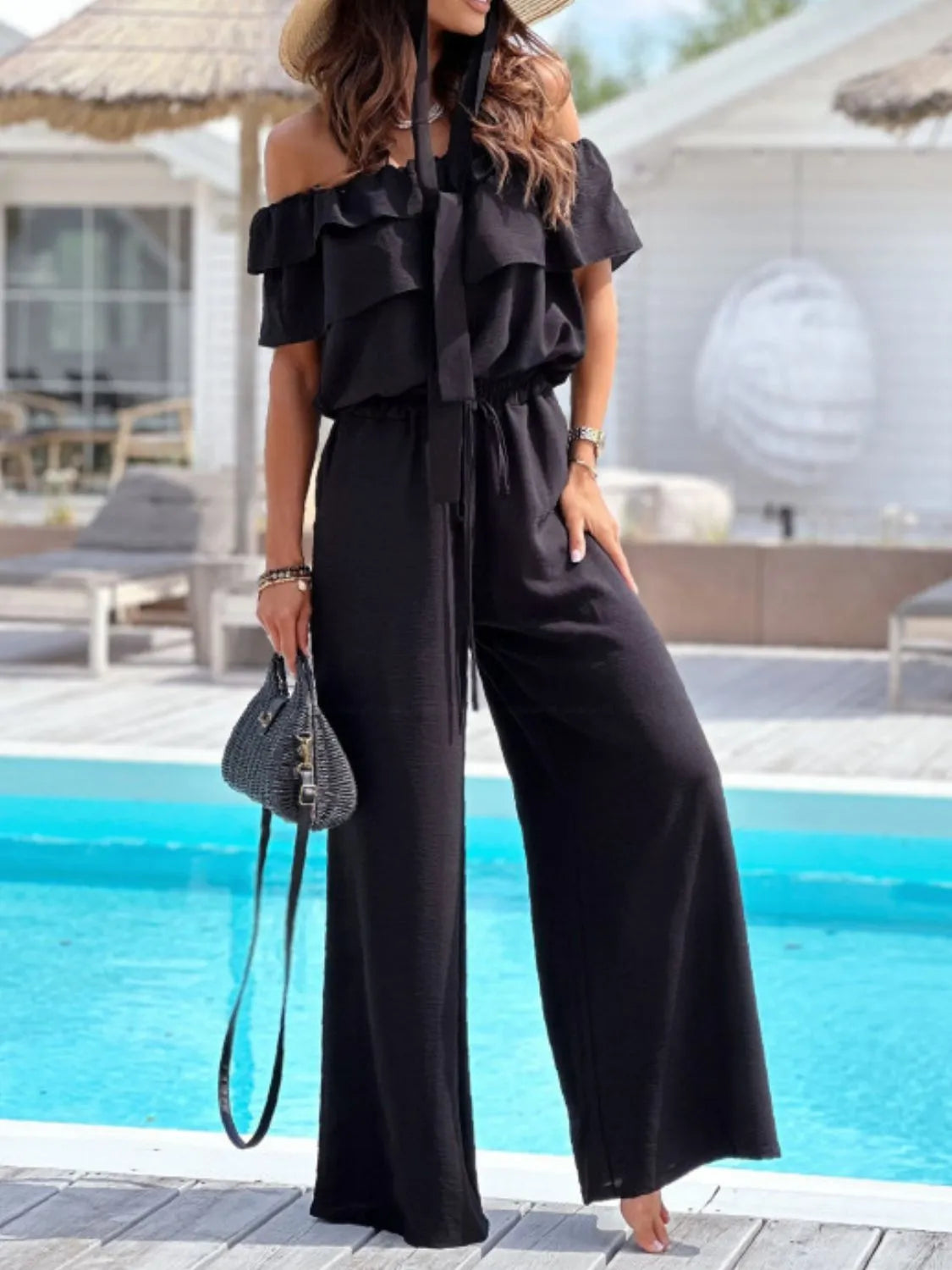 Off-Shoulder Ruffled Wide Leg Jumpsuit - Lilixa.store