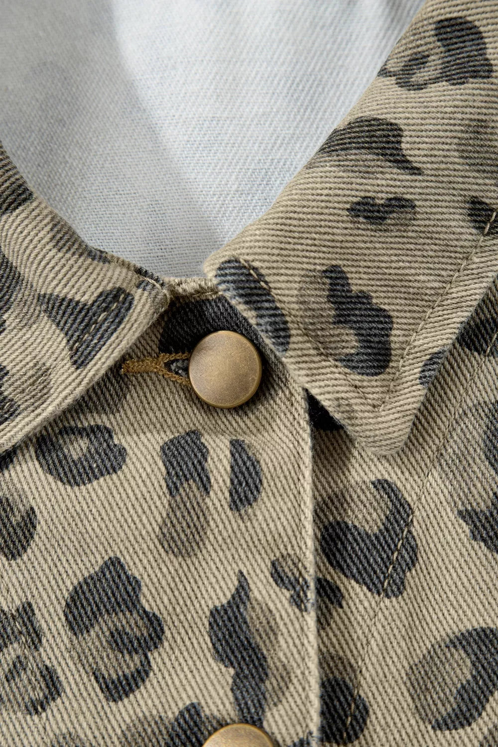 Leopard Print Seam Detail Button Down Denim Jacket, view 7