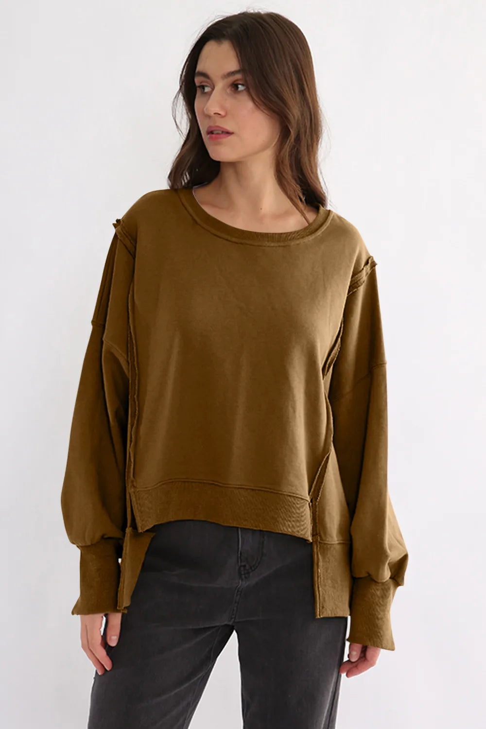 Exposed Seam High-Low Long Sleeve Sweatshirt - Lilixa.store
