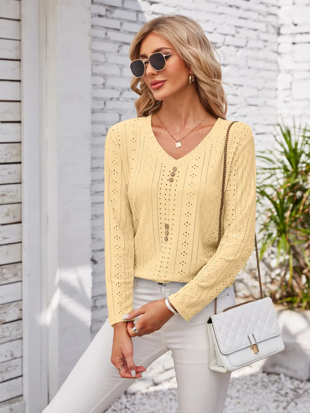 Decorative Button Openwork V-Neck T-Shirt - Lilixa.store