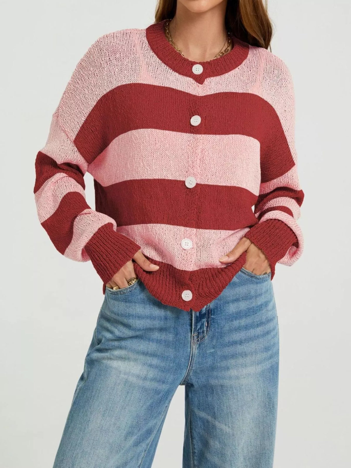 Casual Striped Button-Down Knit Cardigan - Lilixa.store