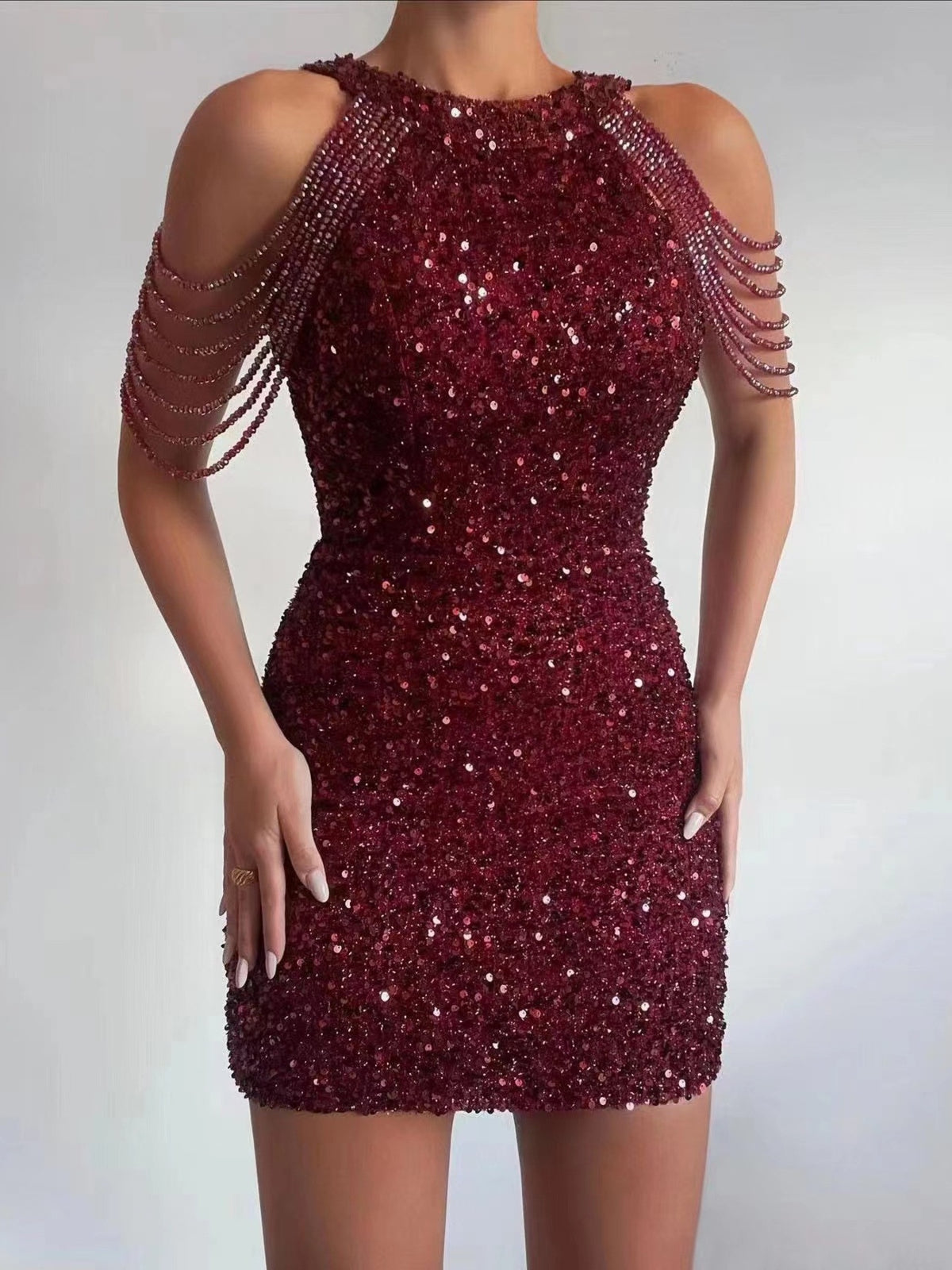 Full Size Sequin Embellished Bodycon Mini Dress Plus Size in Burgundy