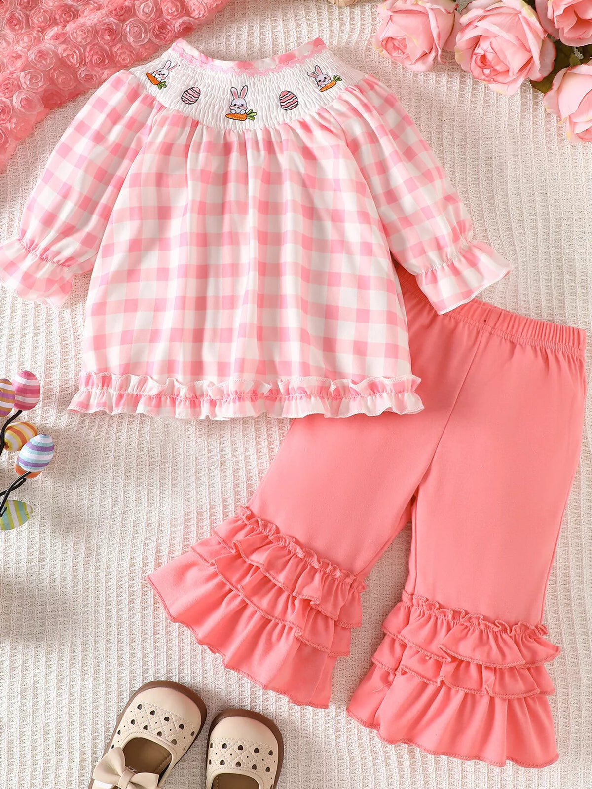Children's Plaid Smocked Long Sleeve Top and Pants Set - Lilixa.store