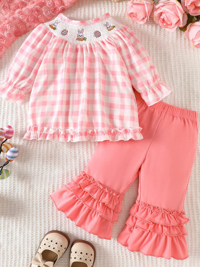 Children's Plaid Smocked Long Sleeve Top and Pants Set - Lilixa.store