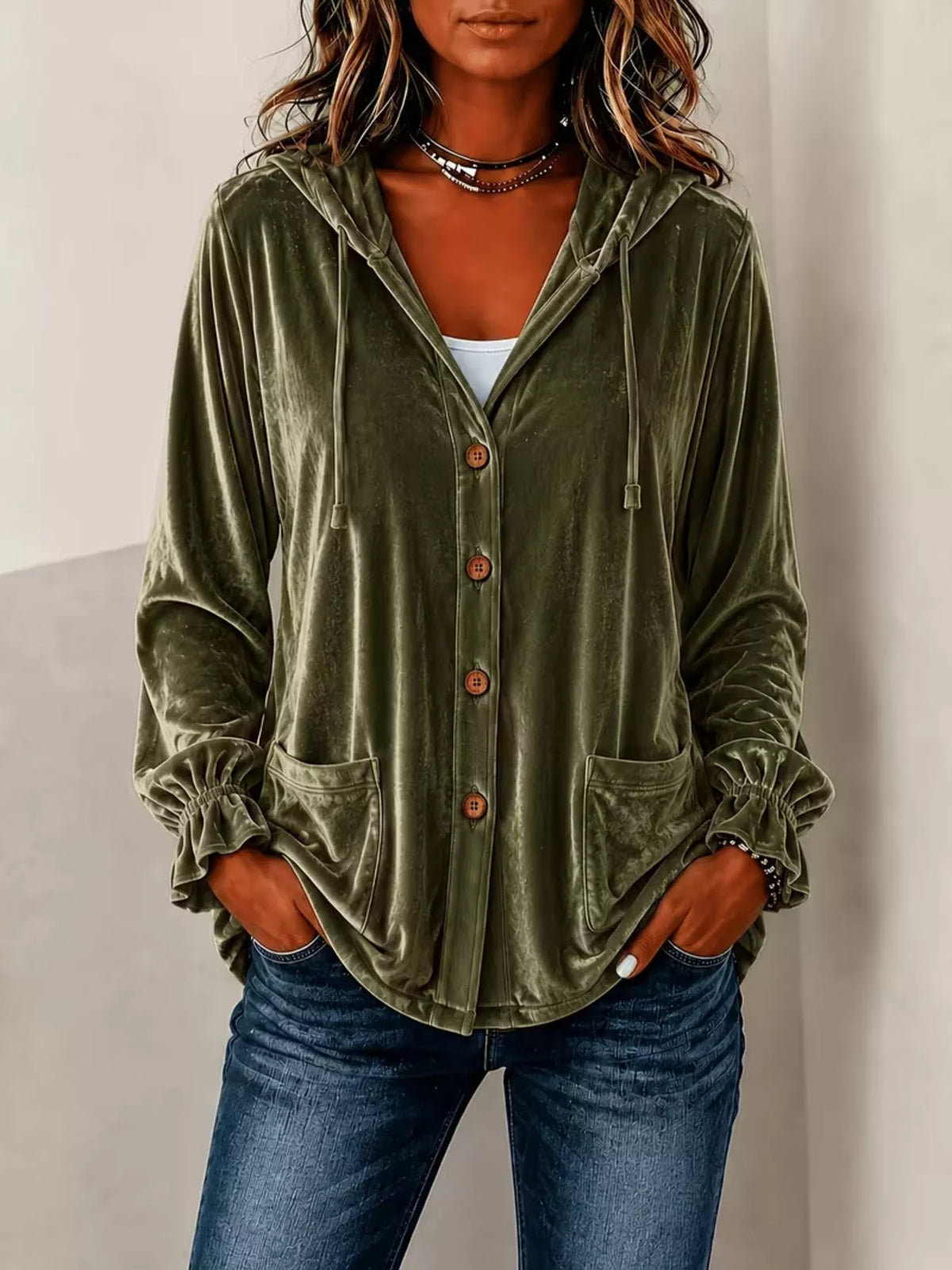 Full Size Velvet Button-Down Hooded Outerwear Plus Size - Lilixa.store