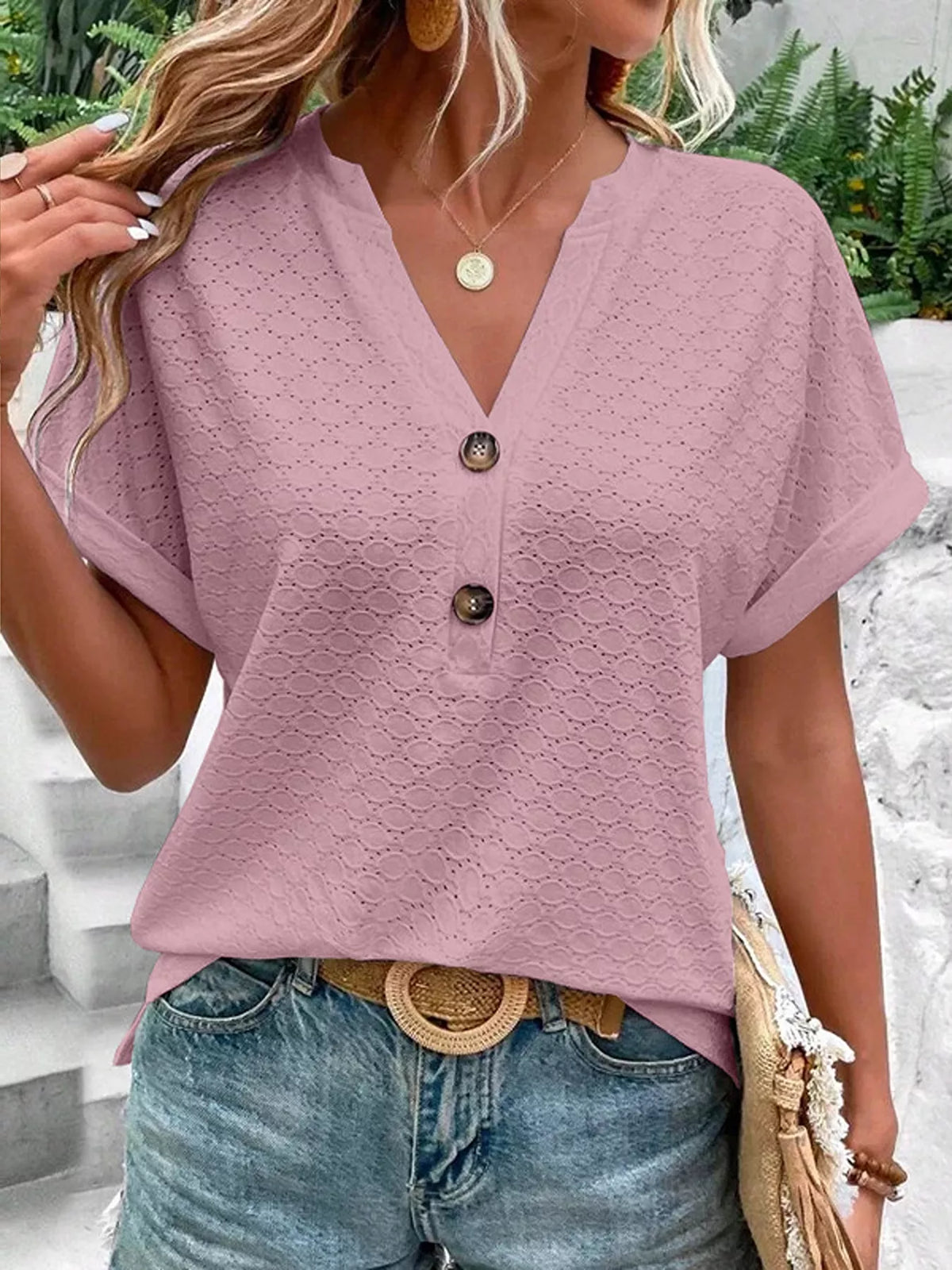 Notched Short Sleeve Top - Lilixa.store