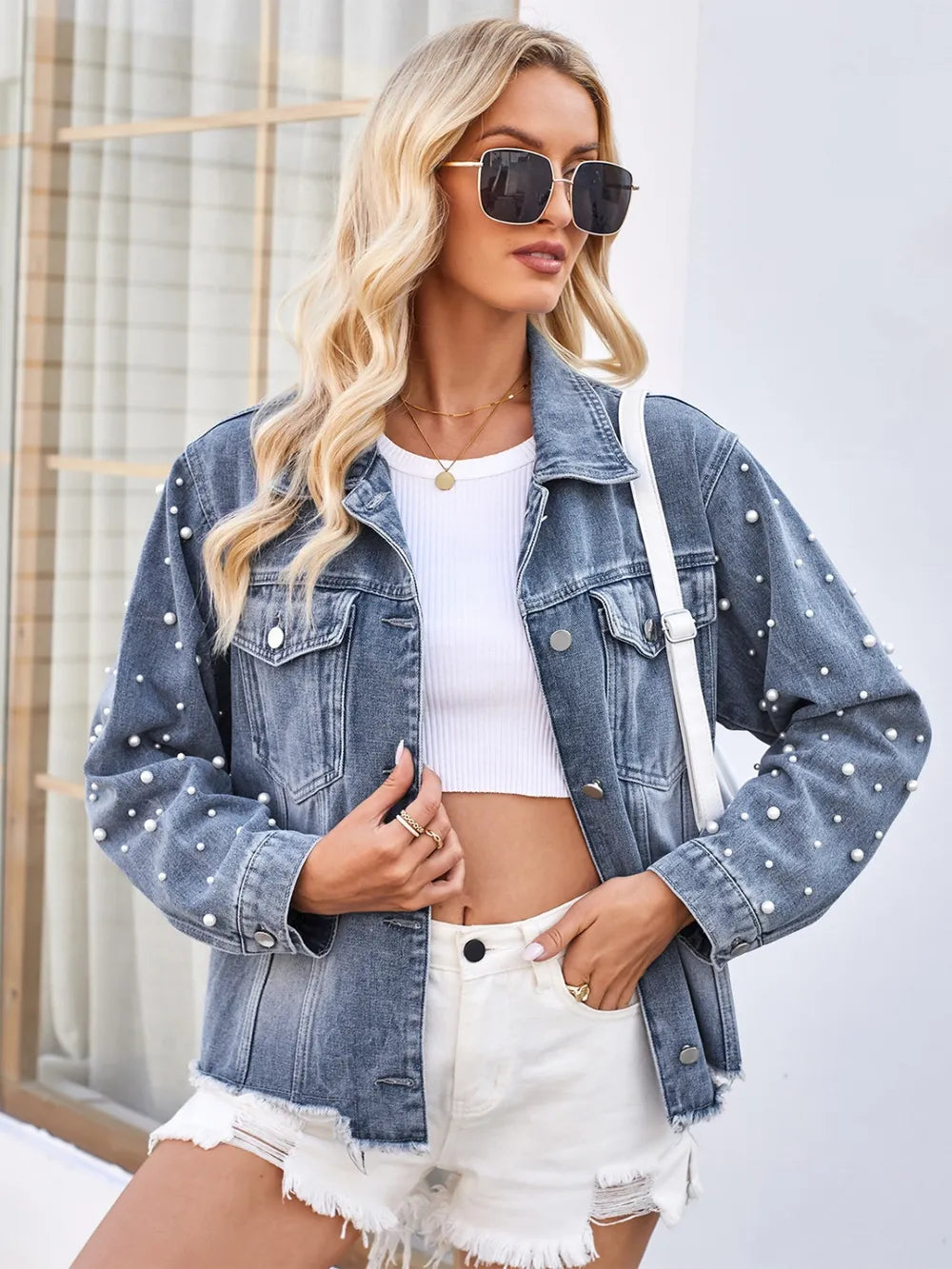 Pearl Trim Raw Hem Denim Jacket, view 6