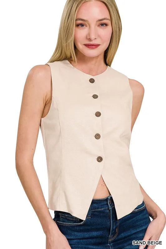 Zenana Linen Button Down Vest in Sand Beige