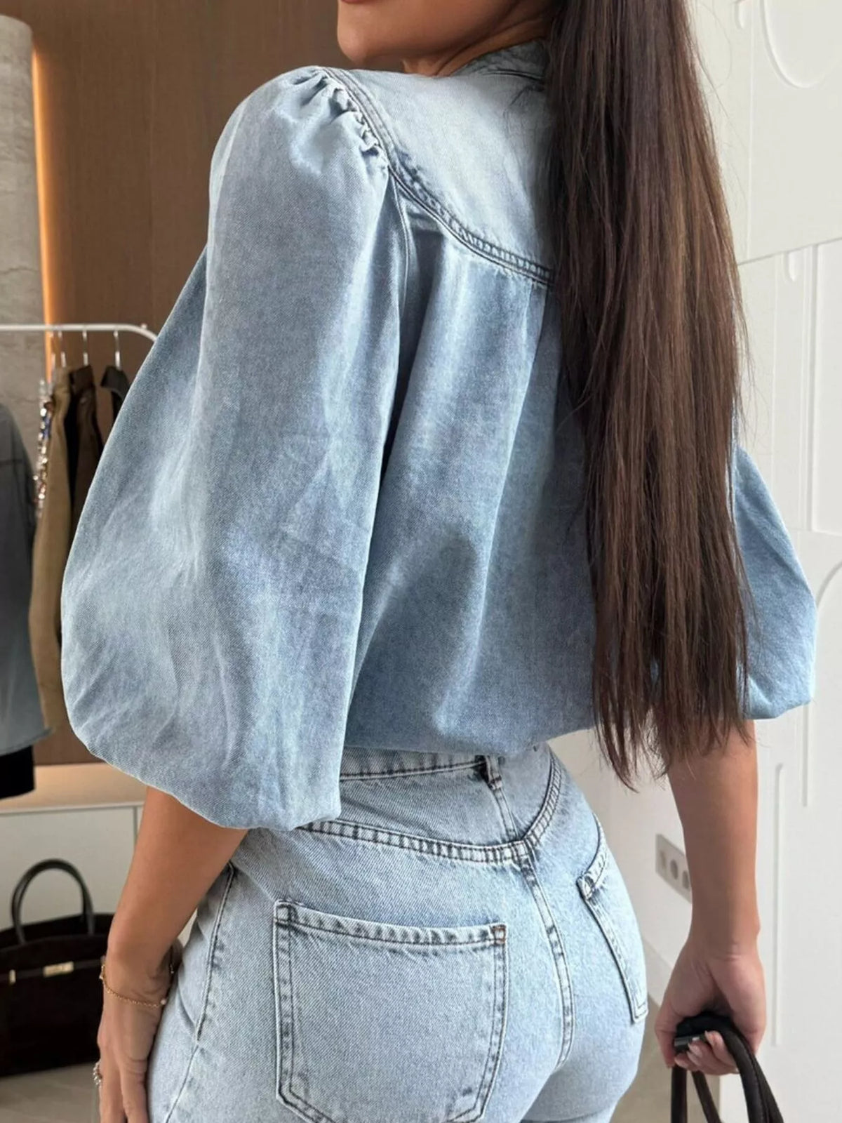 Puff Sleeve Button Front Denim Top