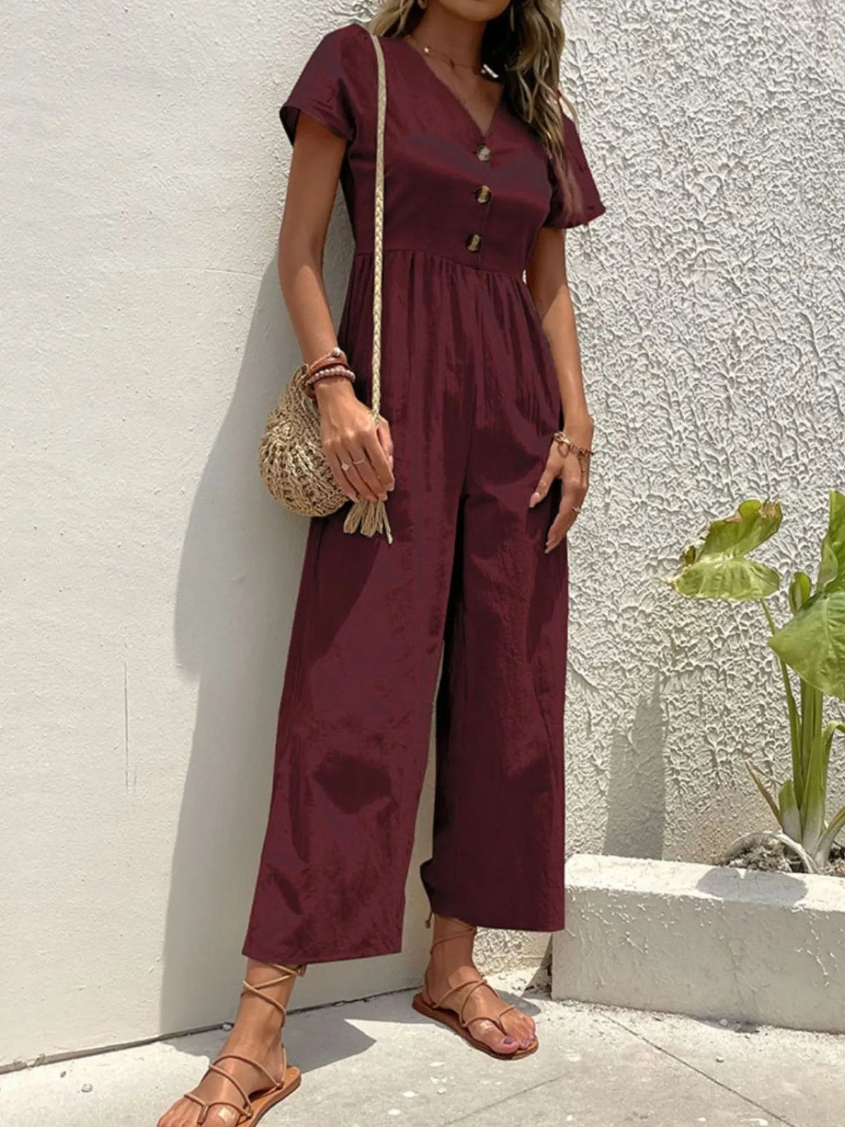 V-Neck Short Sleeve Wide Leg Jumpsuit - Lilixa.store