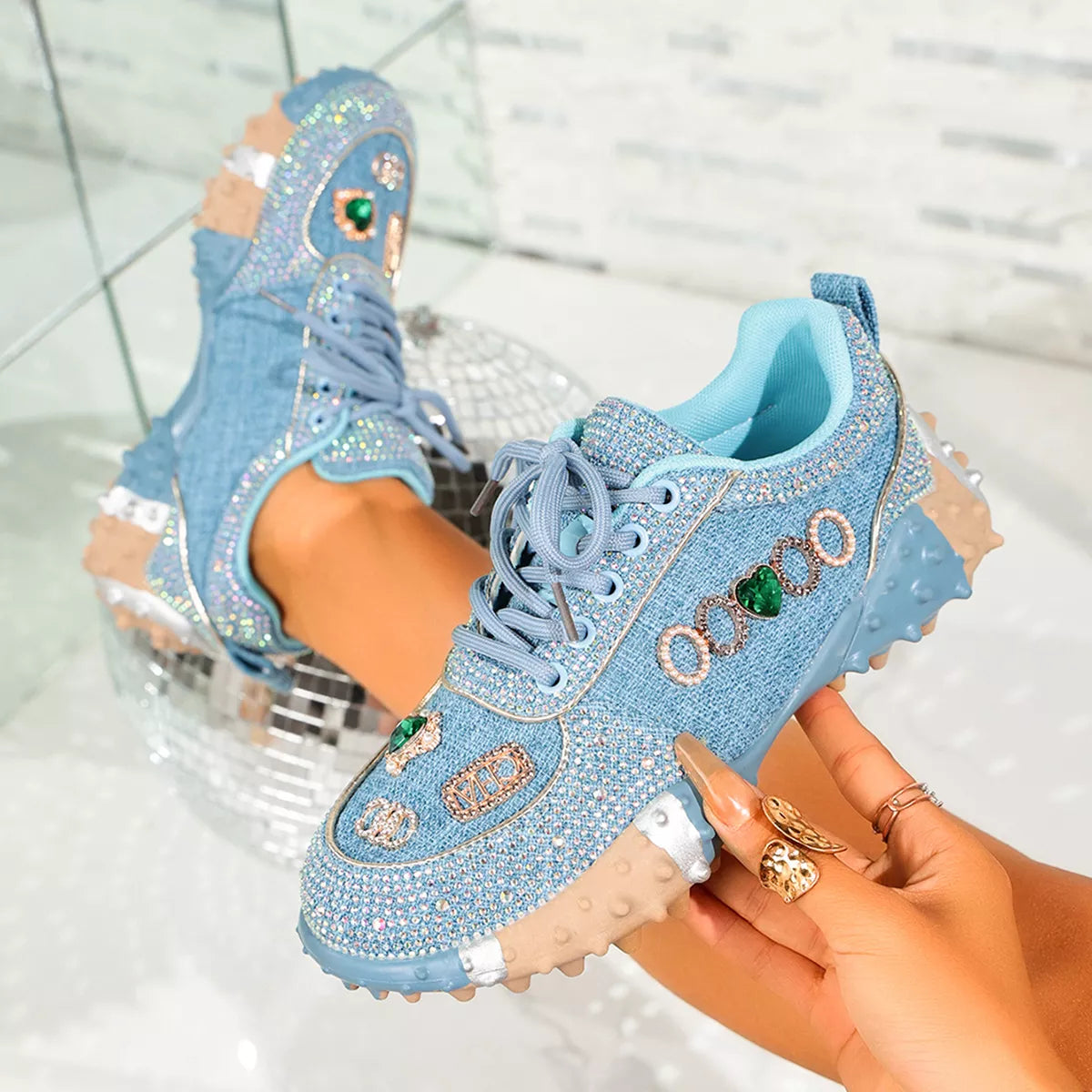 Rhinestone Round Toe Sneakers - Lilixa.store