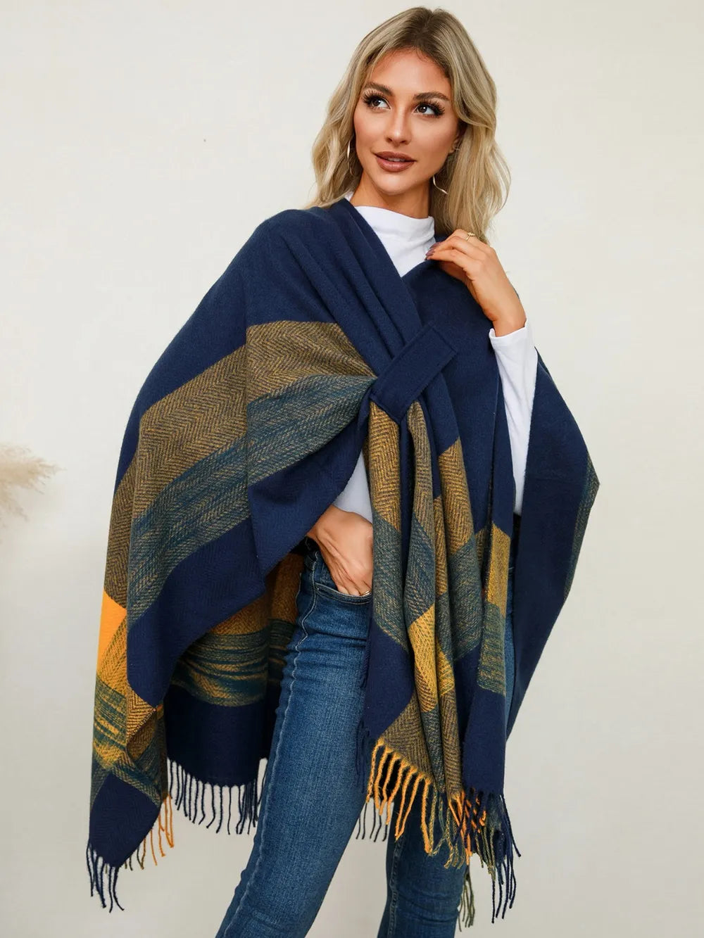Fringe Contrast Plaid Poncho - Lilixa.store