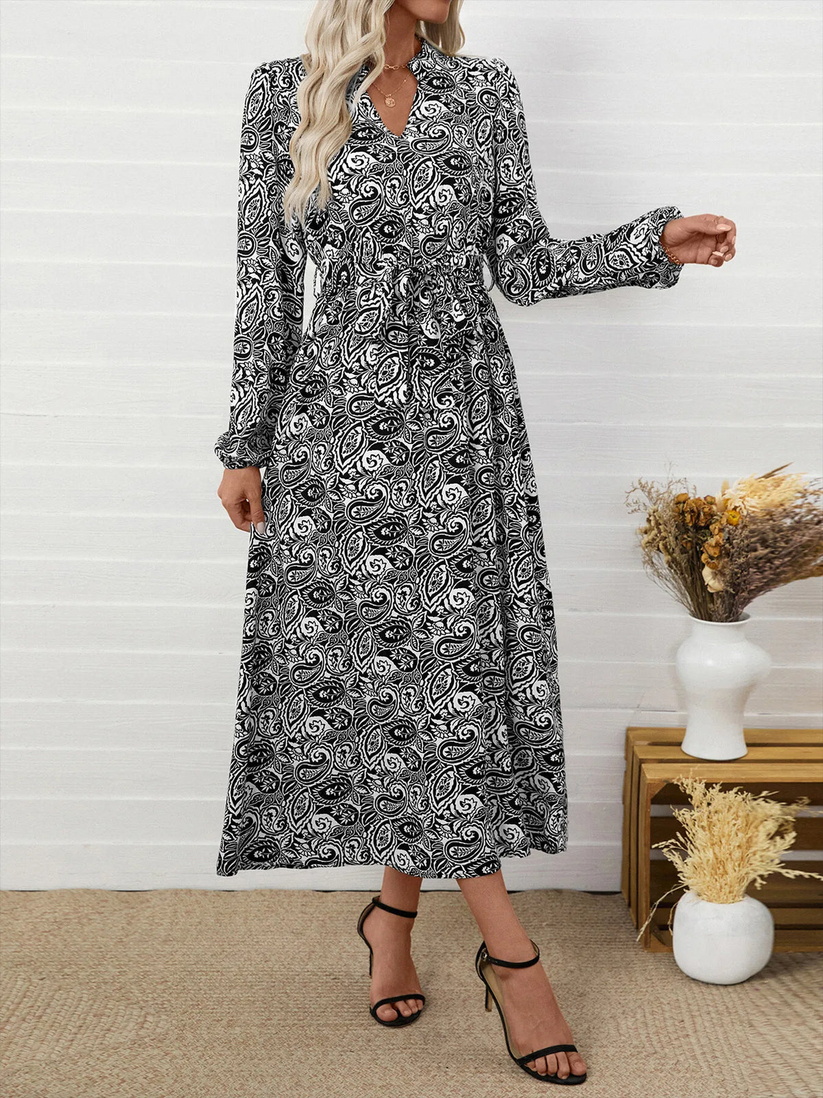 Paisley Print Long Sleeve Midi Dress in Black, view 3