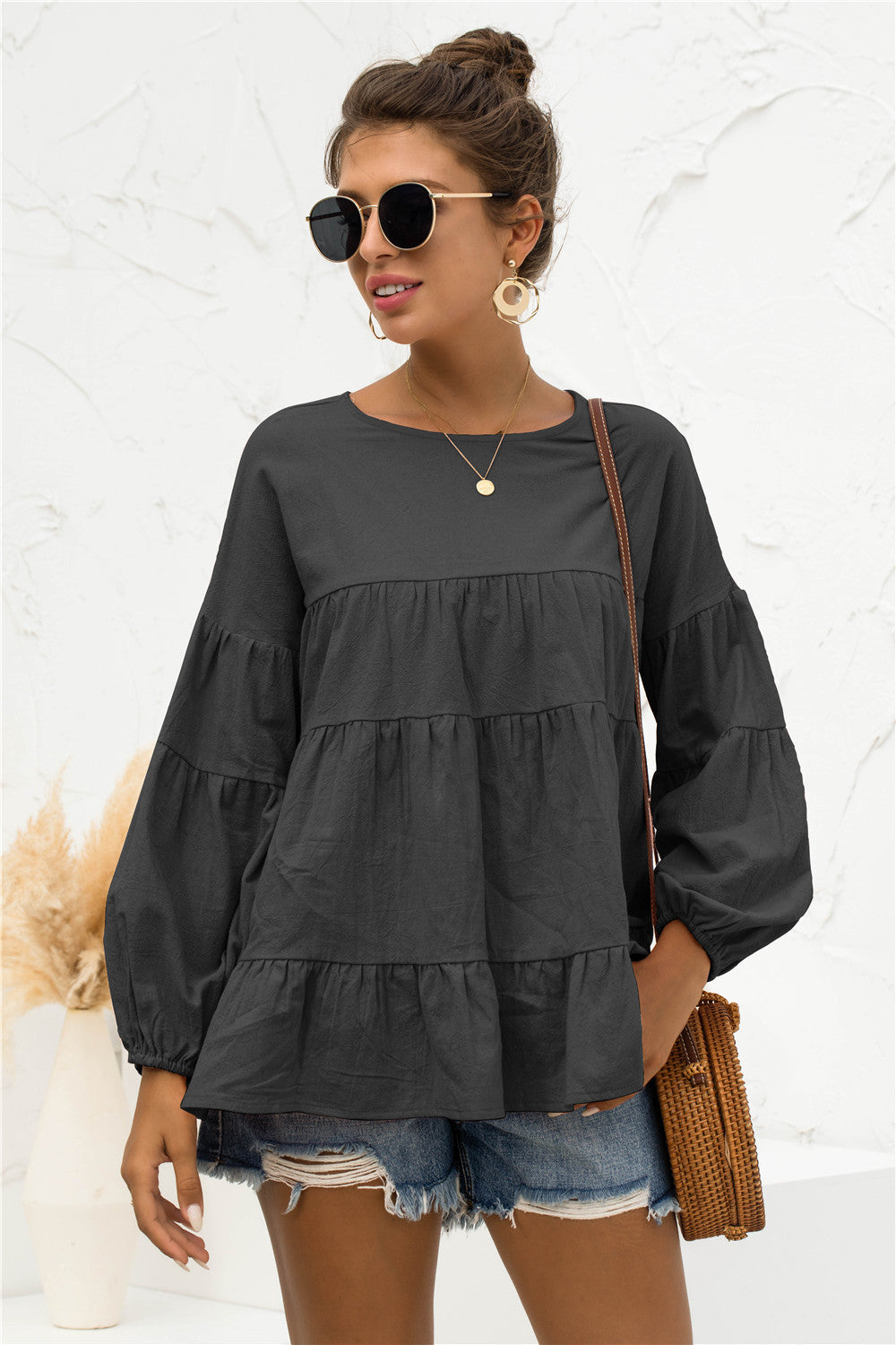 Round Neck Bubble Sleeve Tiered Blouse, view 6