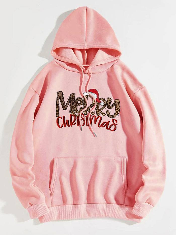 MERRY CHRISTMAS Graphic Drawstring Hoodie in Blush Pink
