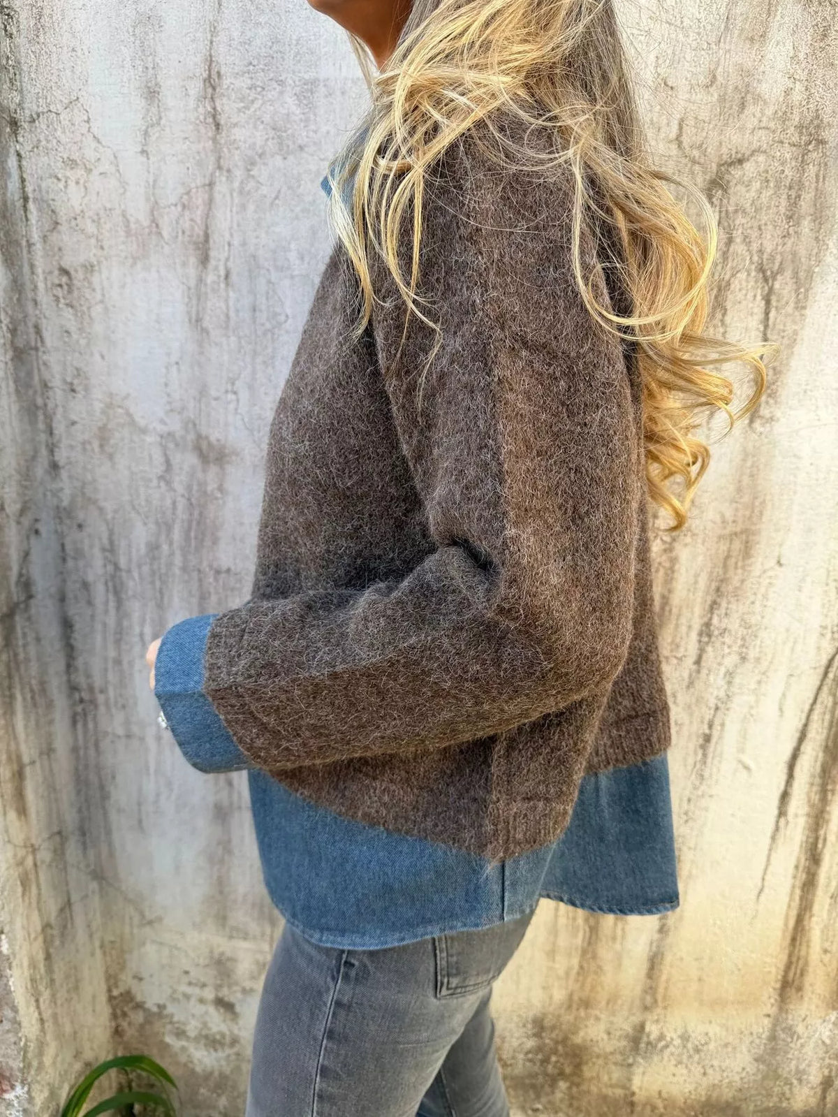 Contrast Denim Collar Half-Zip Knit Sweater - Lilixa.store