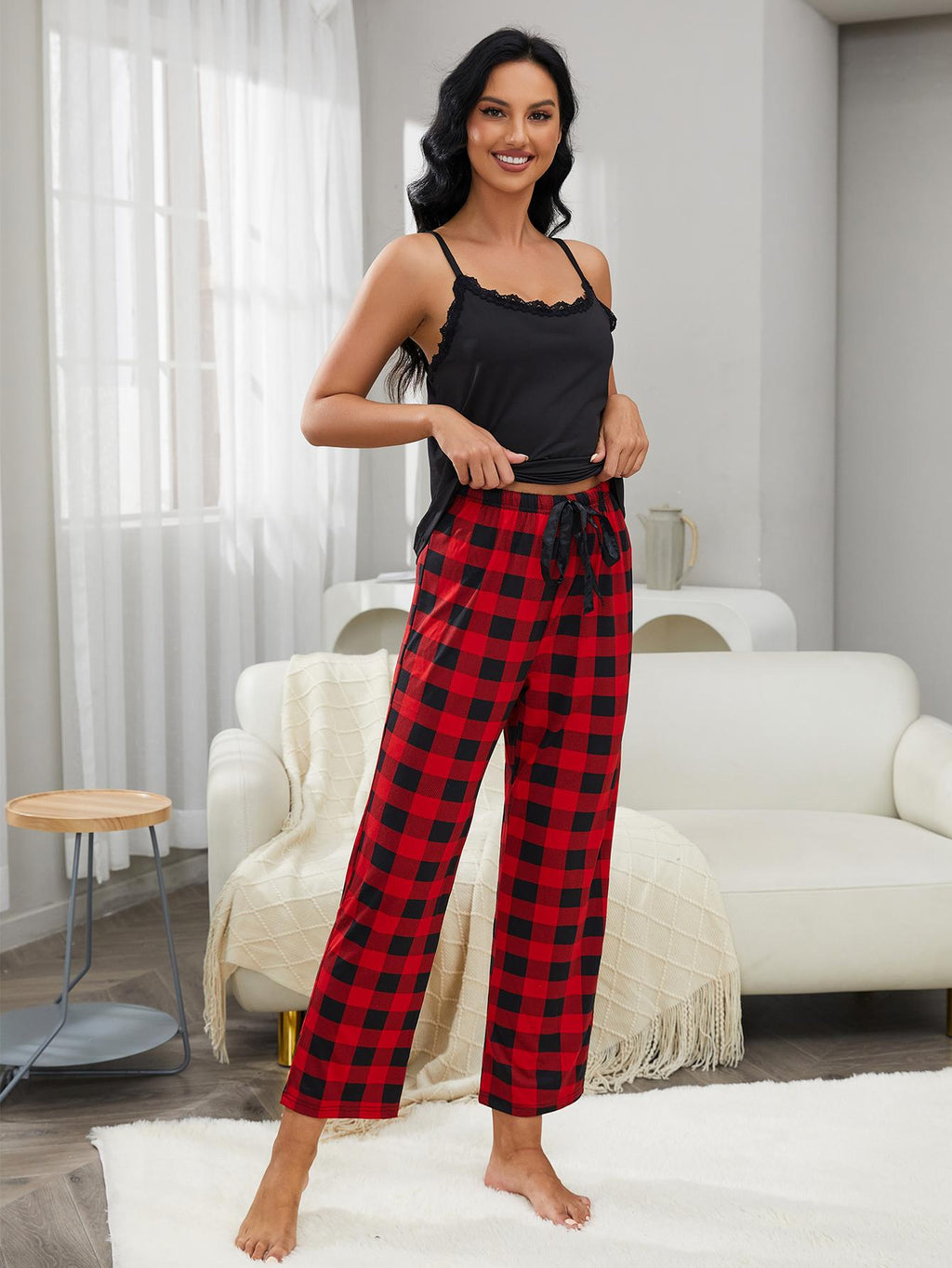 Lace Trim Cami and Plaid Pants Lounge Set - Lilixa.store