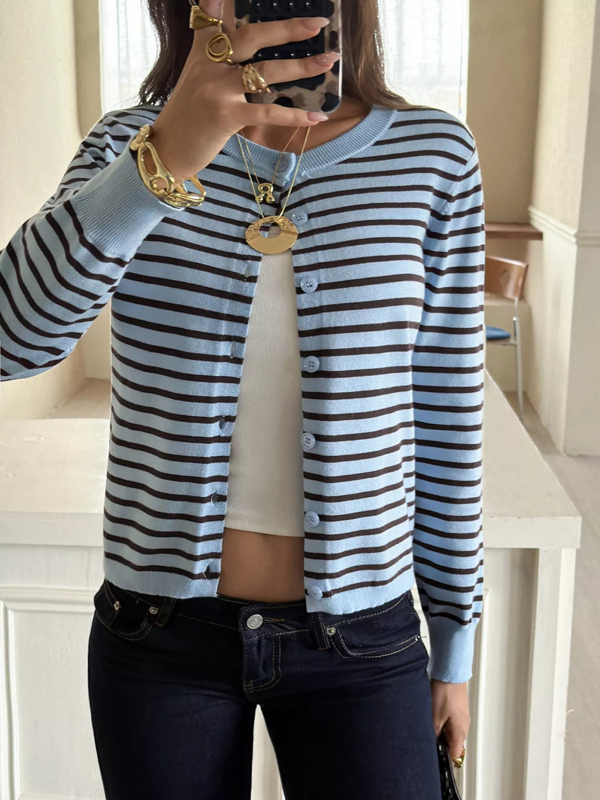 Striped Crew Neck Button-Down Cardigan - Lilixa.store