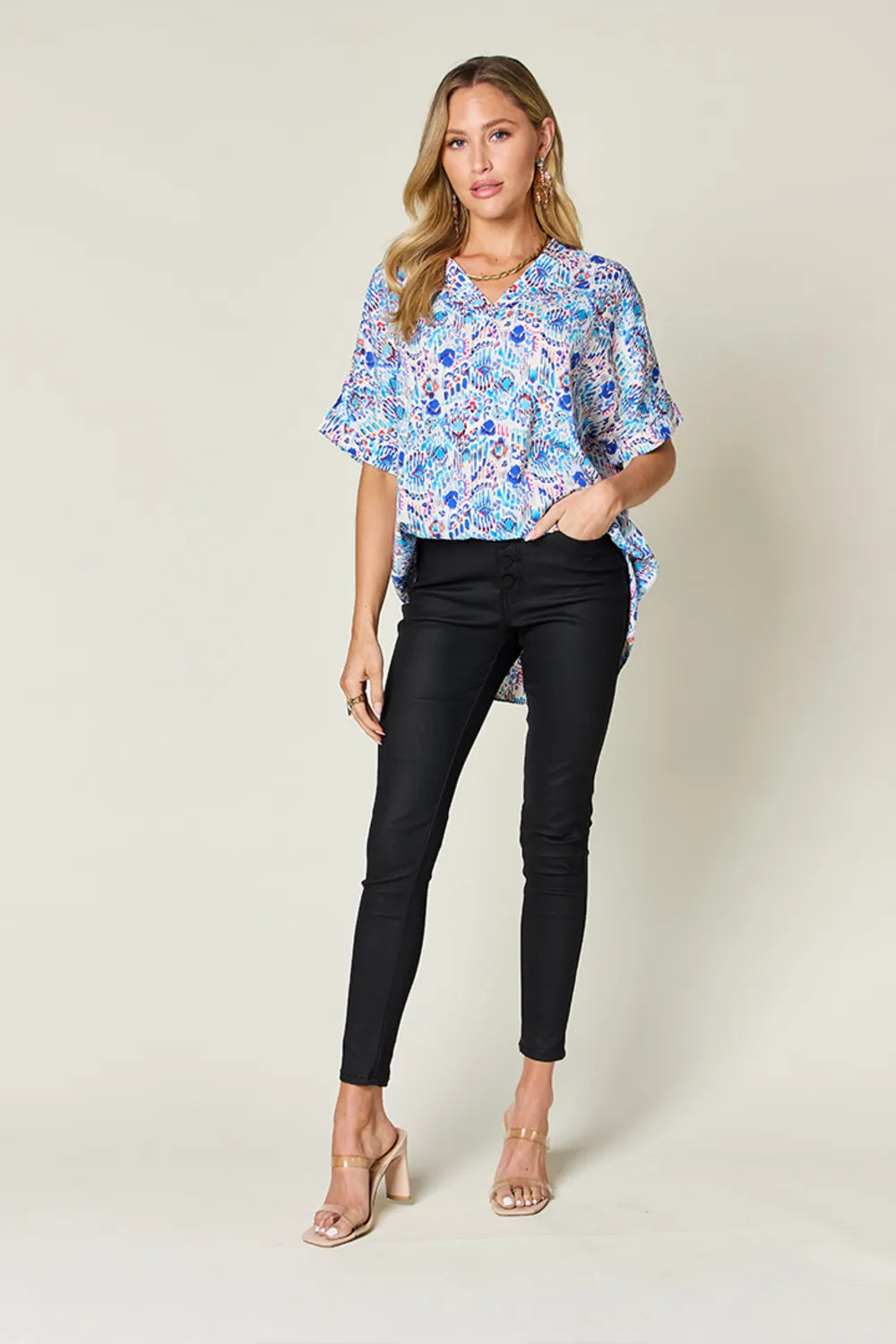 Double Take Full Size Printed V-Neck Short Sleeve Blouse - Lilixa.store