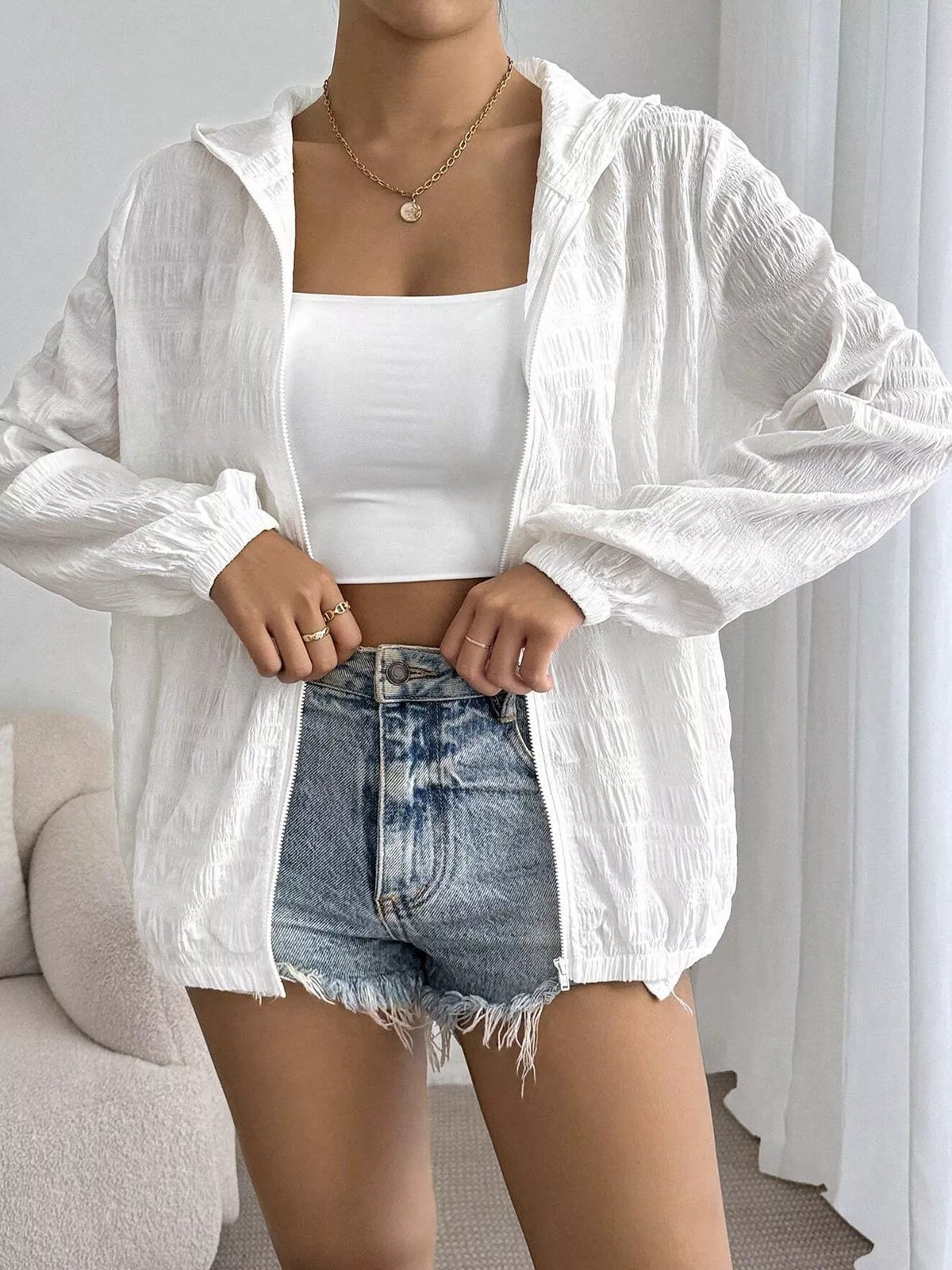 Lightweight Textured Hooded Jacket in White, view 4